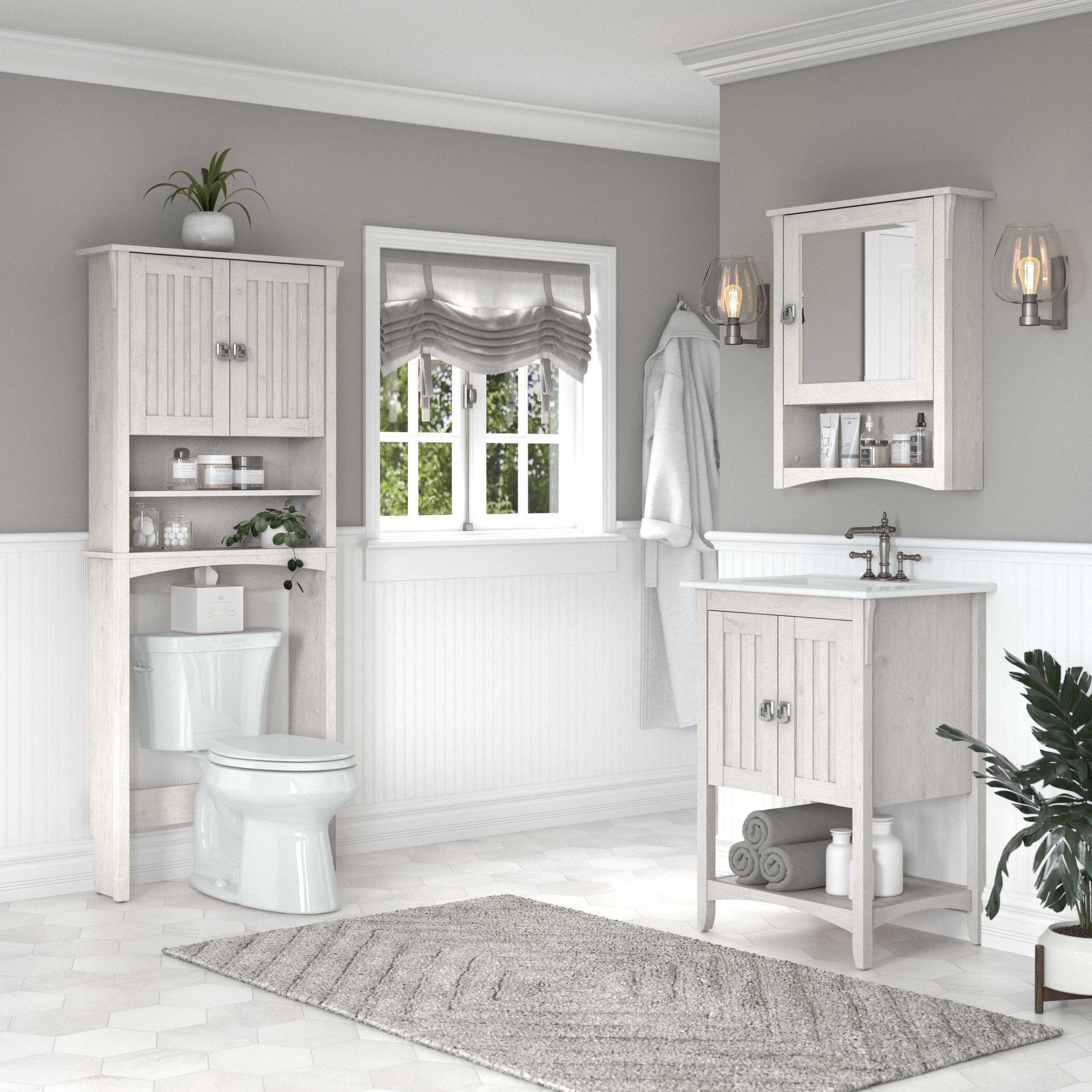 Shop Bush Furniture Salinas 24W Bathroom Vanity Sink with Mirror and Over The Toilet Storage Cabinet 01 SAL022LW #color_linen white oak