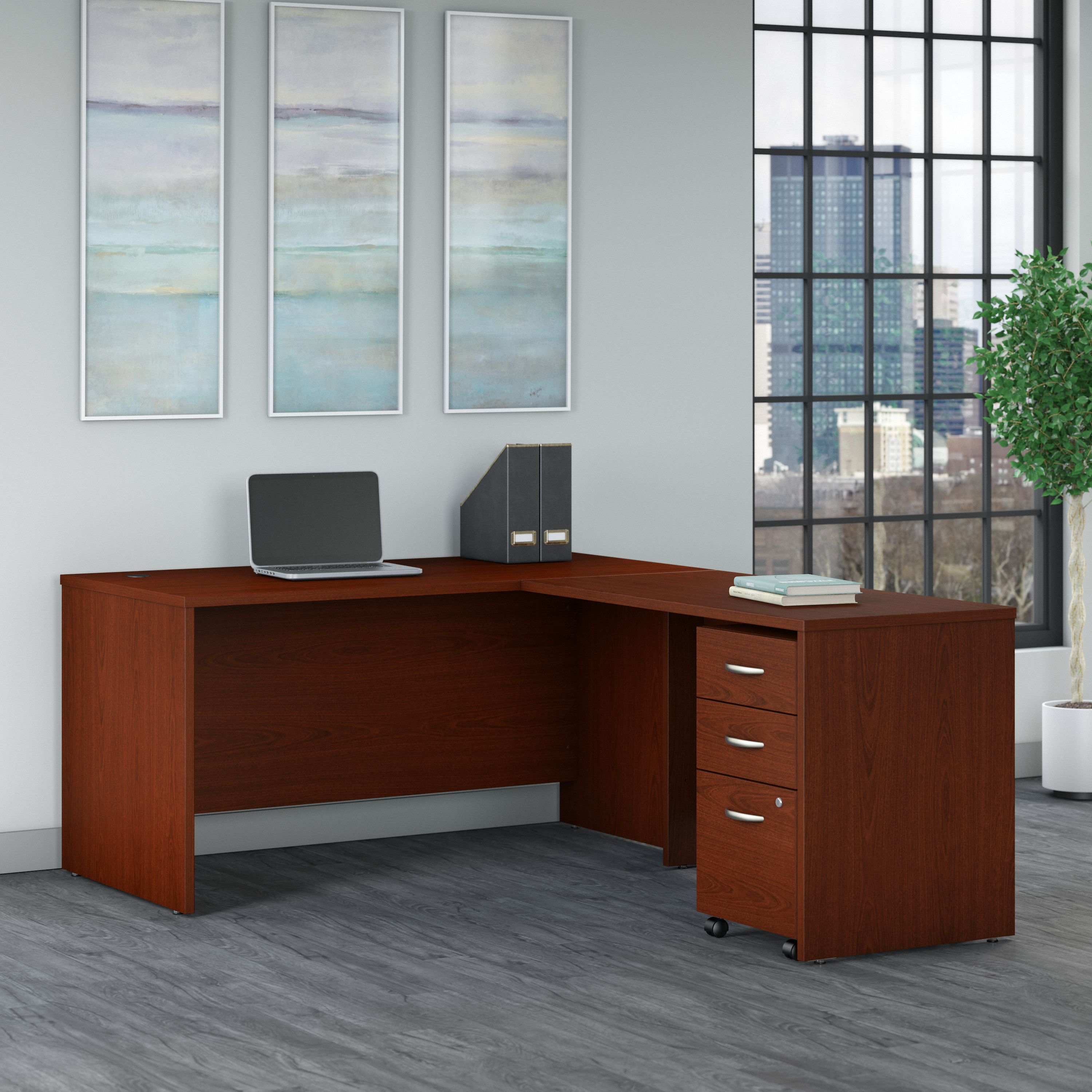 Shop Bush Business Furniture Series C 60W L Shaped Desk with 3 Drawer Mobile File Cabinet 01 SRC146MASU #color_mahogany