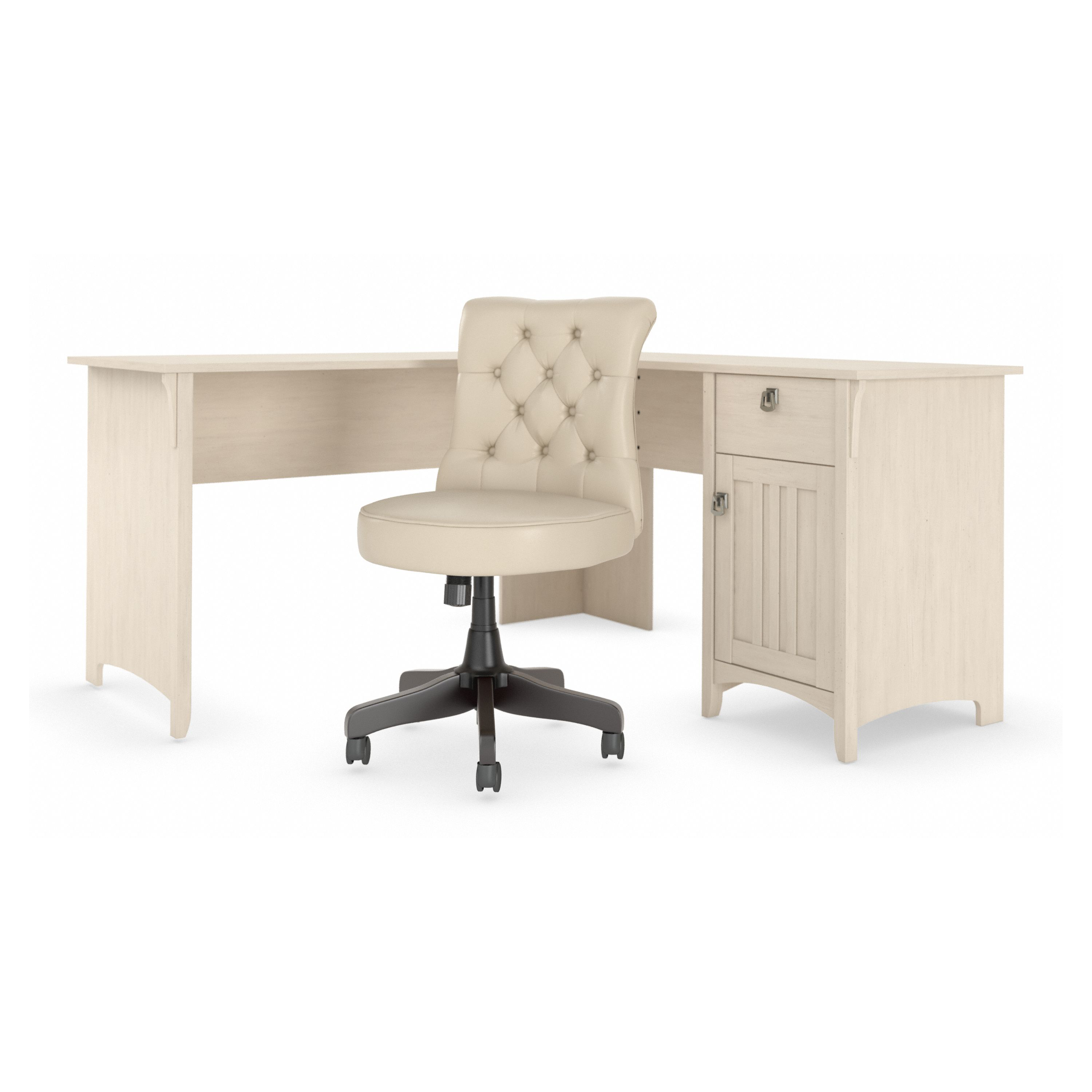 Shop Bush Furniture Salinas 60W L Shaped Desk with Mid Back Tufted Office Chair 02 SAL010AW #color_antique white
