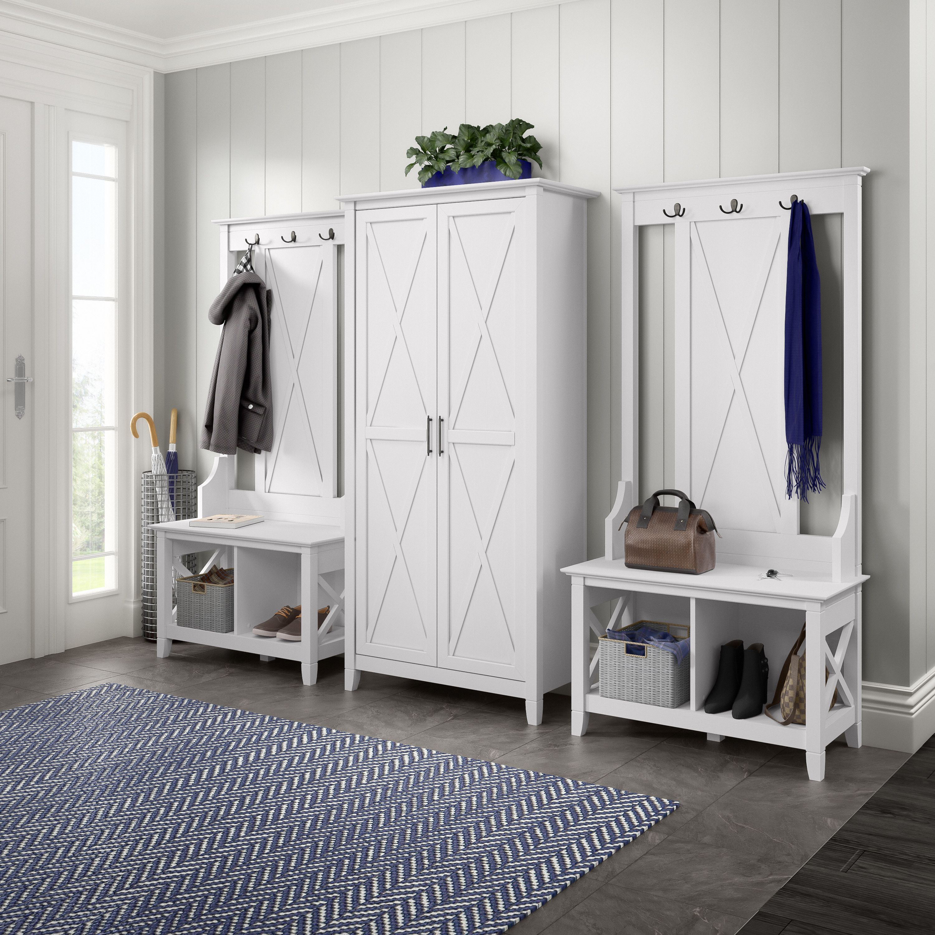 Shop Bush Furniture Key West Entryway Storage Set with Hall Tree, Shoe Bench and Tall Cabinet 01 KWS057WT #color_pure white oak