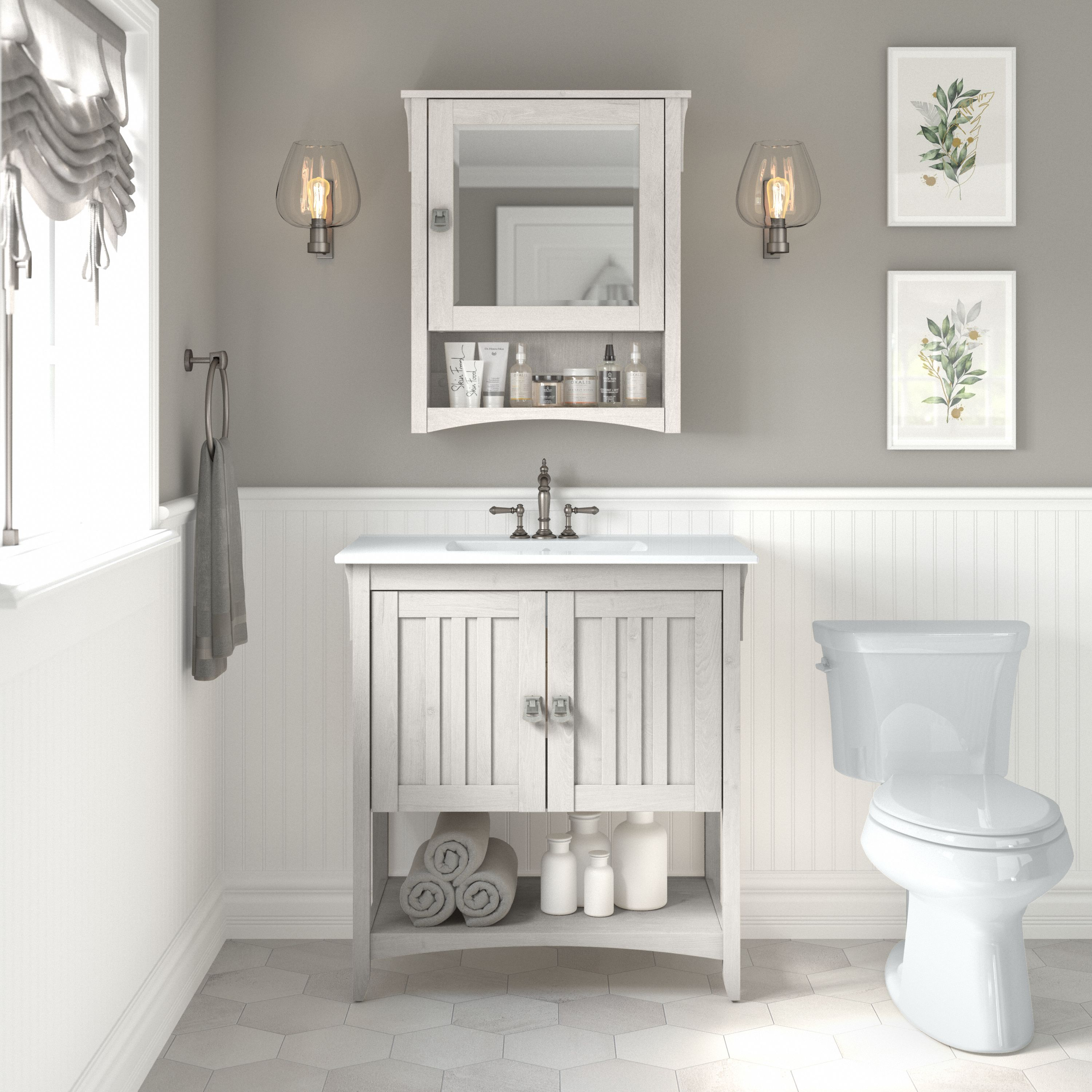 Shop Bush Furniture Salinas 32W Bathroom Vanity Sink and Medicine Cabinet with Mirror 01 SAL020LW #color_linen white oak