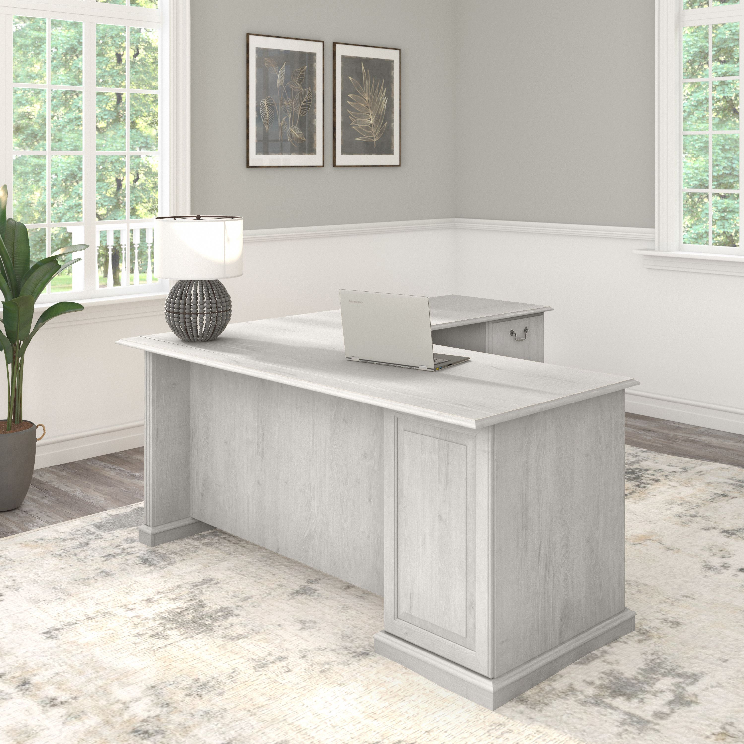Shop Bush Furniture Saratoga L Shaped Computer Desk with Drawers 06 EX45770-03K #color_linen white oak
