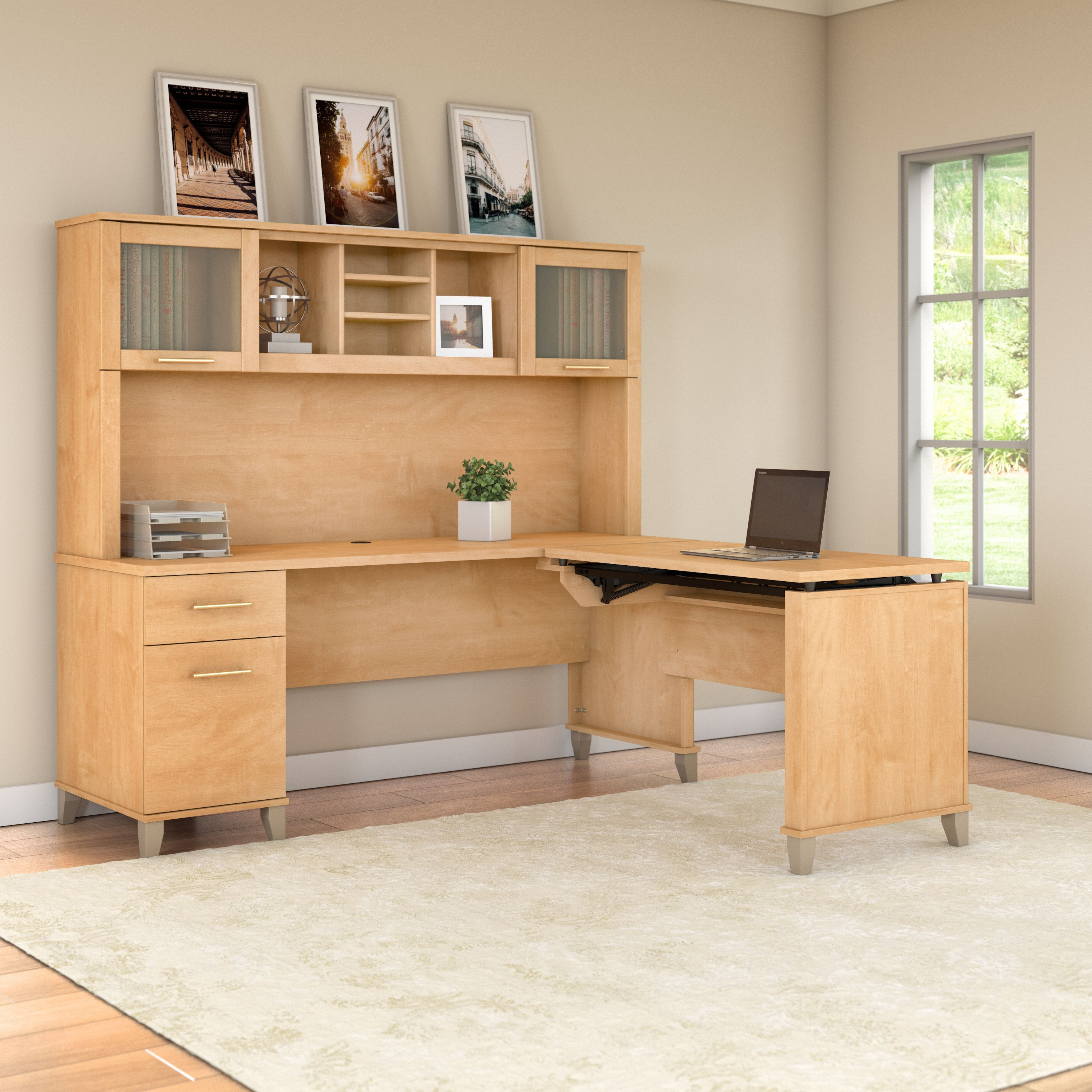 Shop Bush Furniture Somerset 72W 3 Position Sit to Stand L Shaped Desk with Hutch 06 SET015MC #color_maple cross