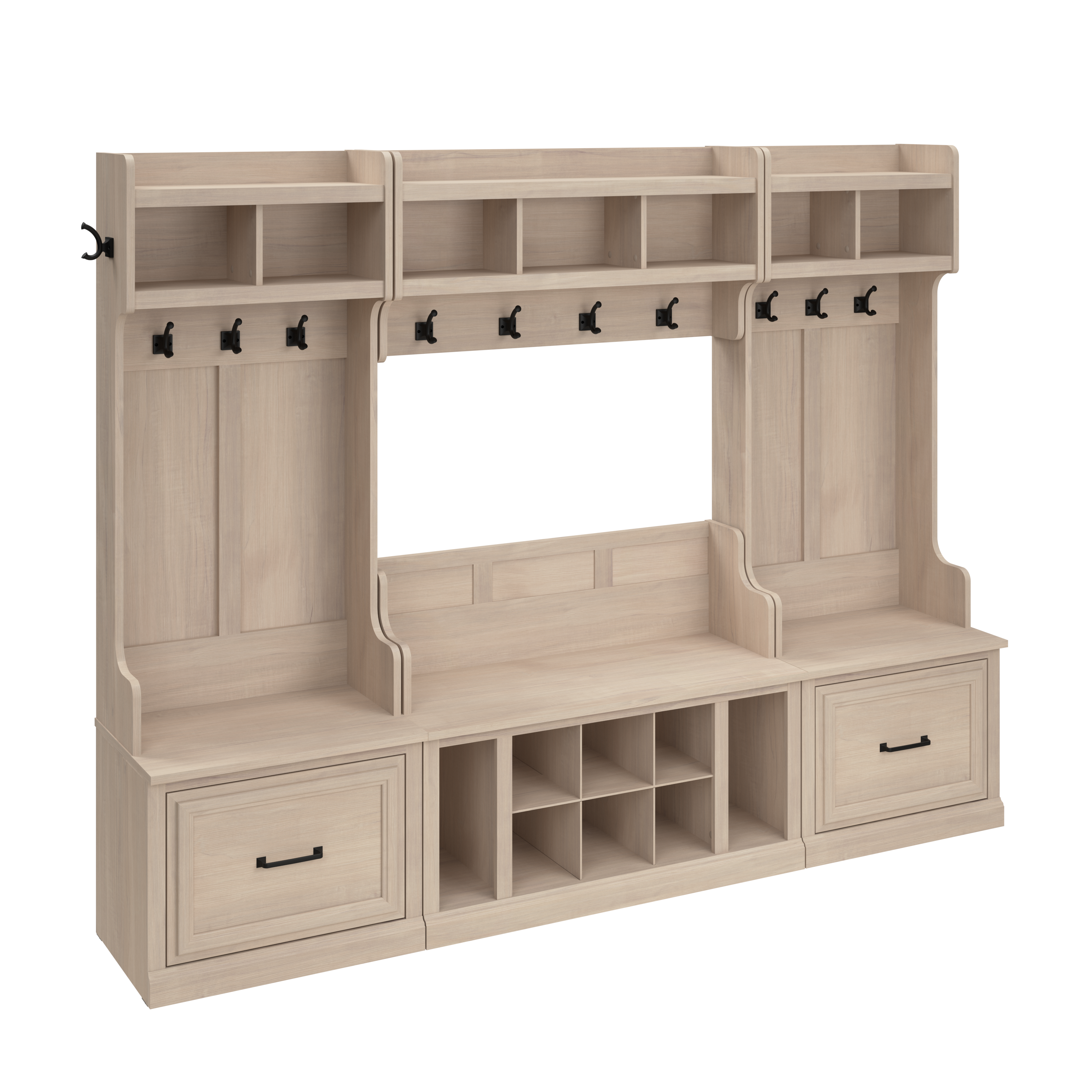 Shop Bush Furniture Woodland Full Entryway Storage Set with Coat Rack and Shoe Bench with Drawers 02 WDL014WM #color_white washed maple