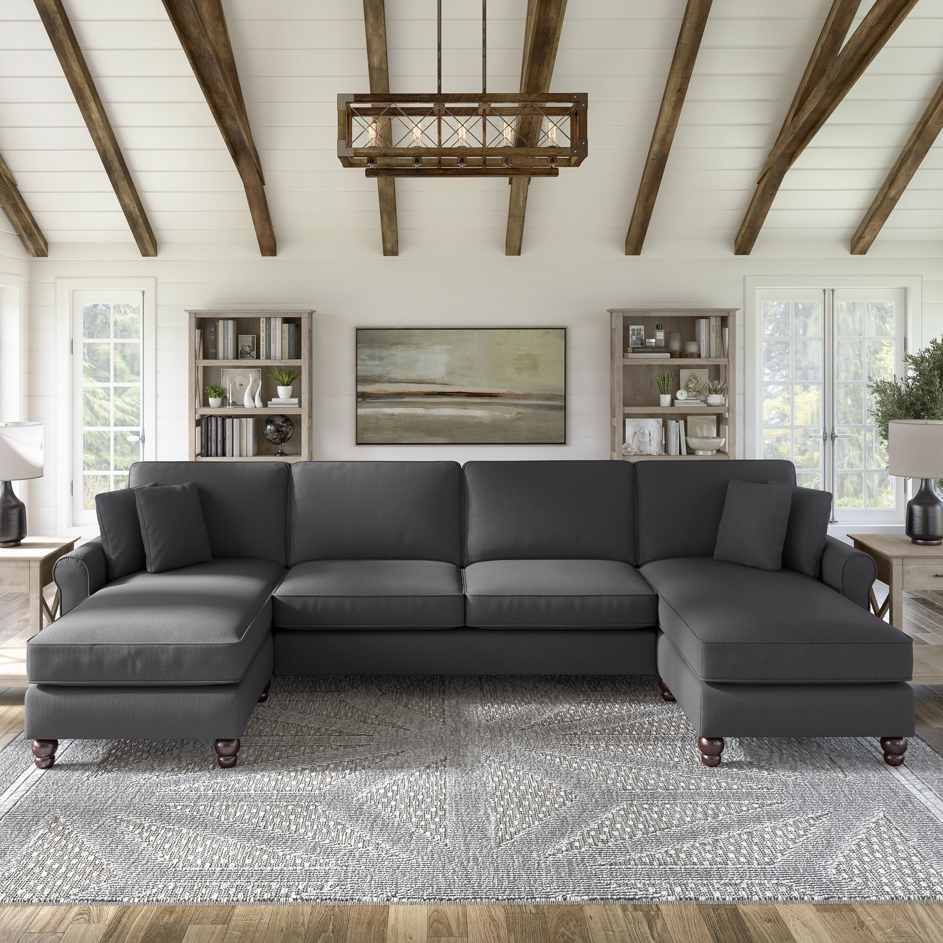 Shop Bush Furniture Hudson 131W Sectional Couch with Double Chaise Lounge 01 HDY130BCGH-03K #color_charcoal gray herringbone fabr