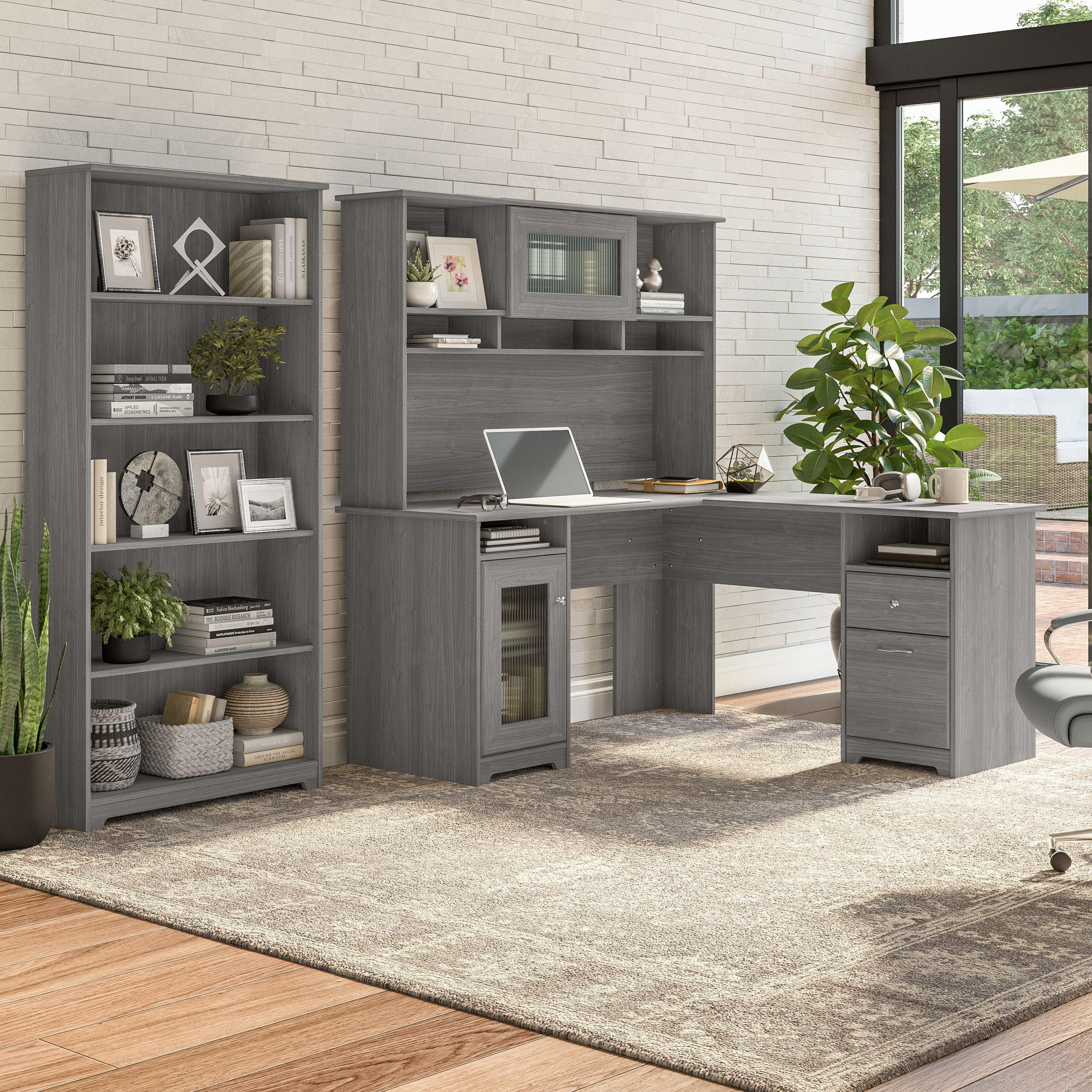Shop Bush Furniture Cabot 60W L Shaped Computer Desk with Hutch and 5 Shelf Bookcase 01 CAB011MG #color_modern gray