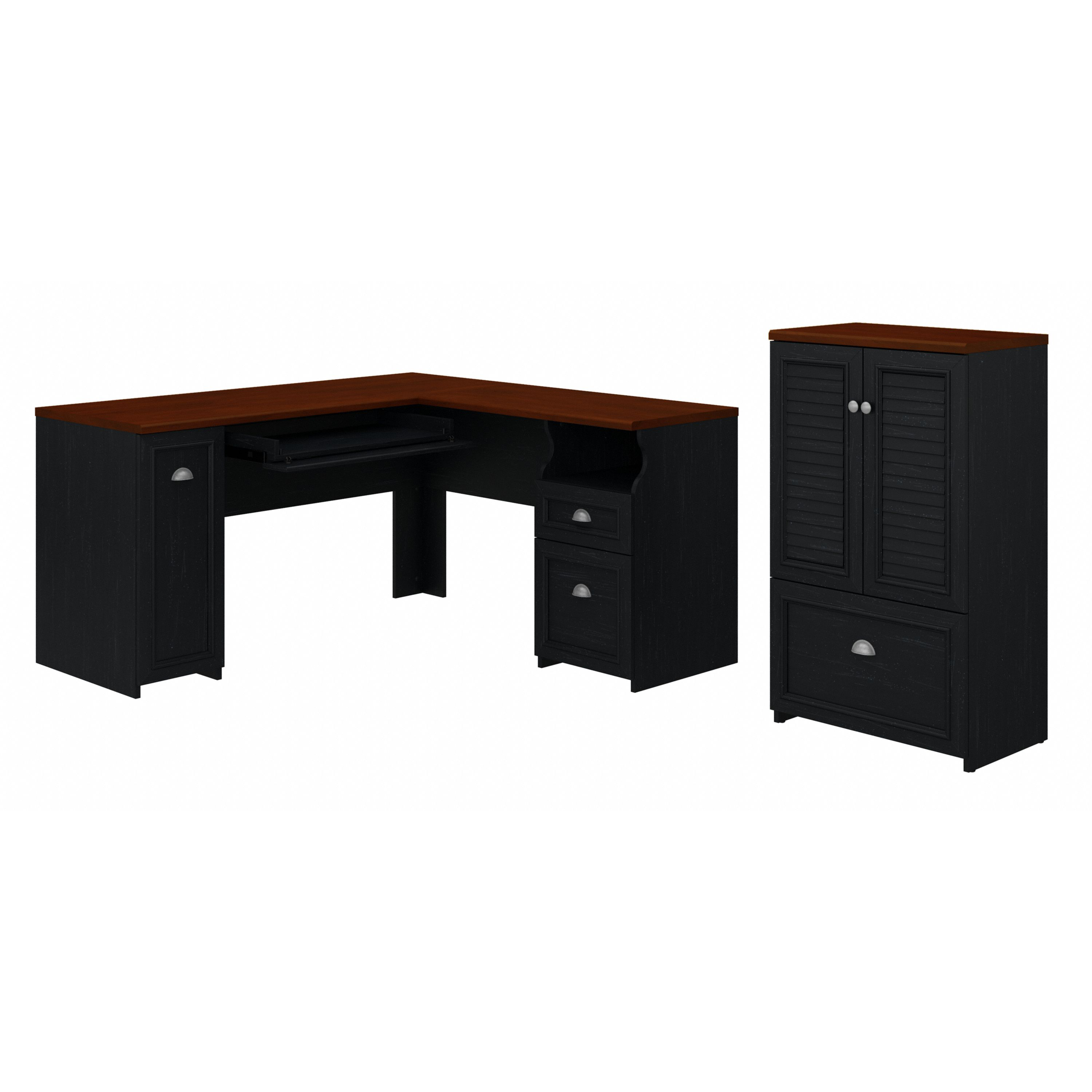 Shop Bush Furniture Fairview 60W L Shaped Desk and 2 Door Storage Cabinet with File Drawer 02 FV009AB #color_antique black/hansen cherry