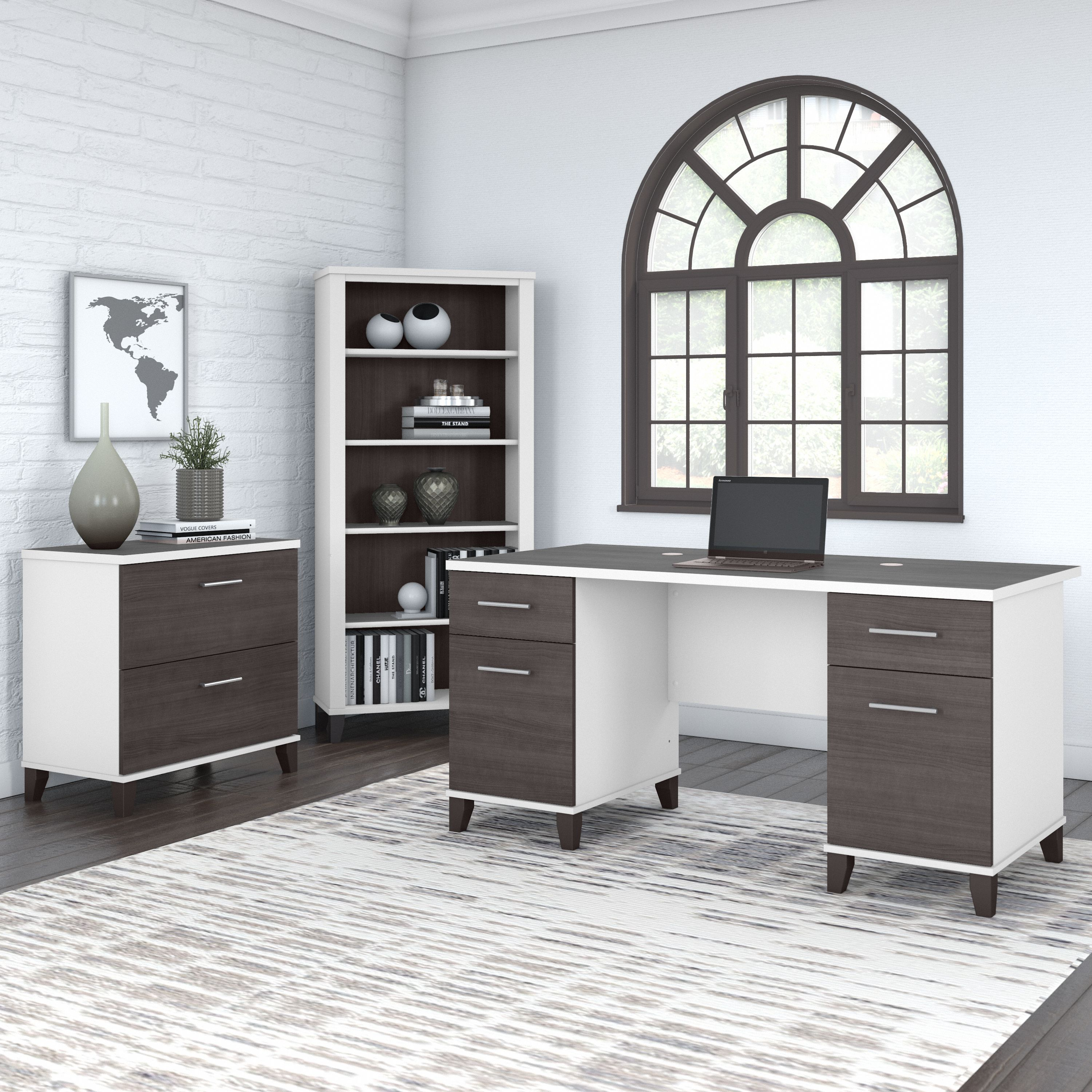 Shop Bush Furniture Somerset 60W Office Desk with Lateral File Cabinet and 5 Shelf Bookcase 01 SET013SGWH #color_storm gray/white