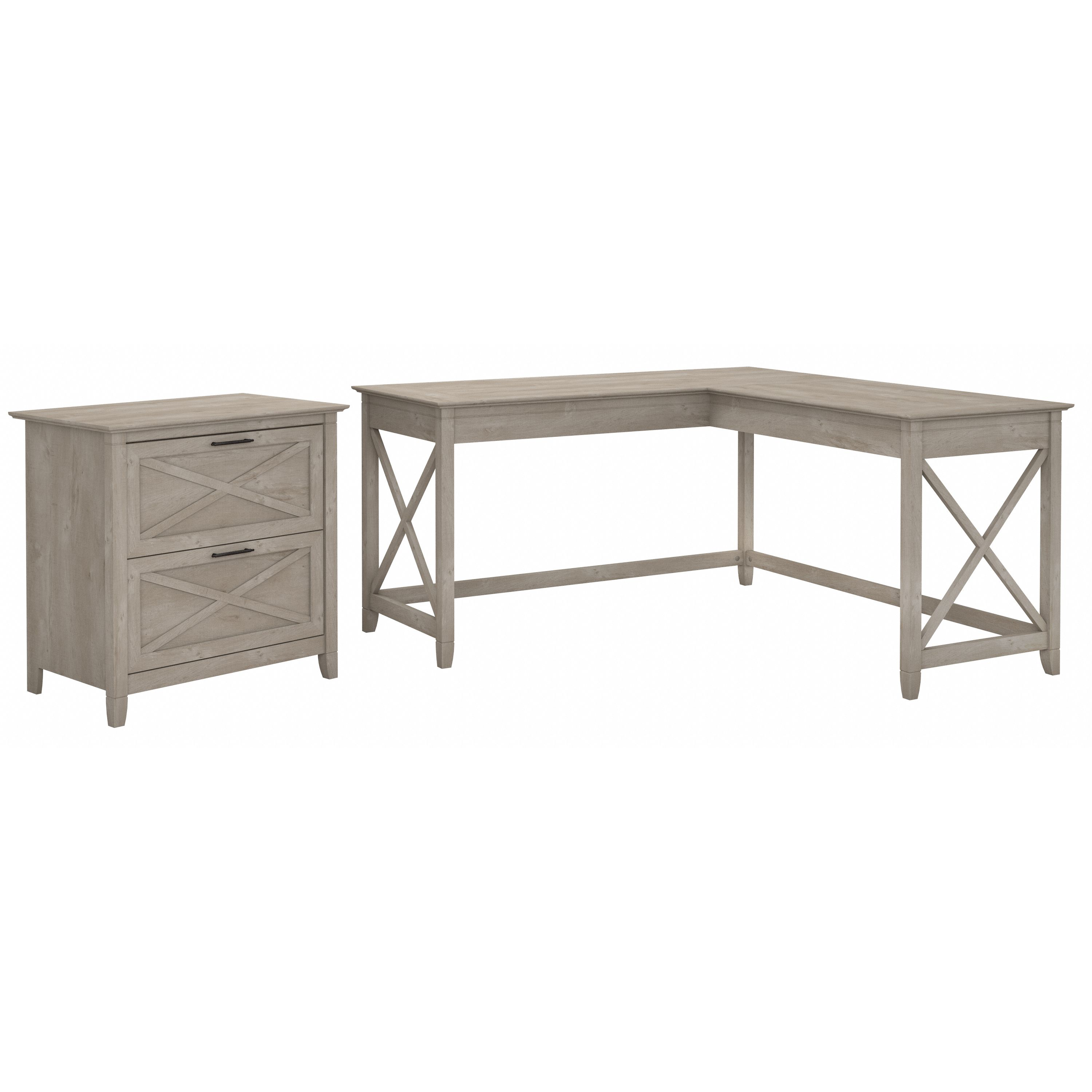 Shop Bush Furniture Key West 60W L Shaped Desk with 2 Drawer Lateral File Cabinet 02 KWS014WG #color_washed gray