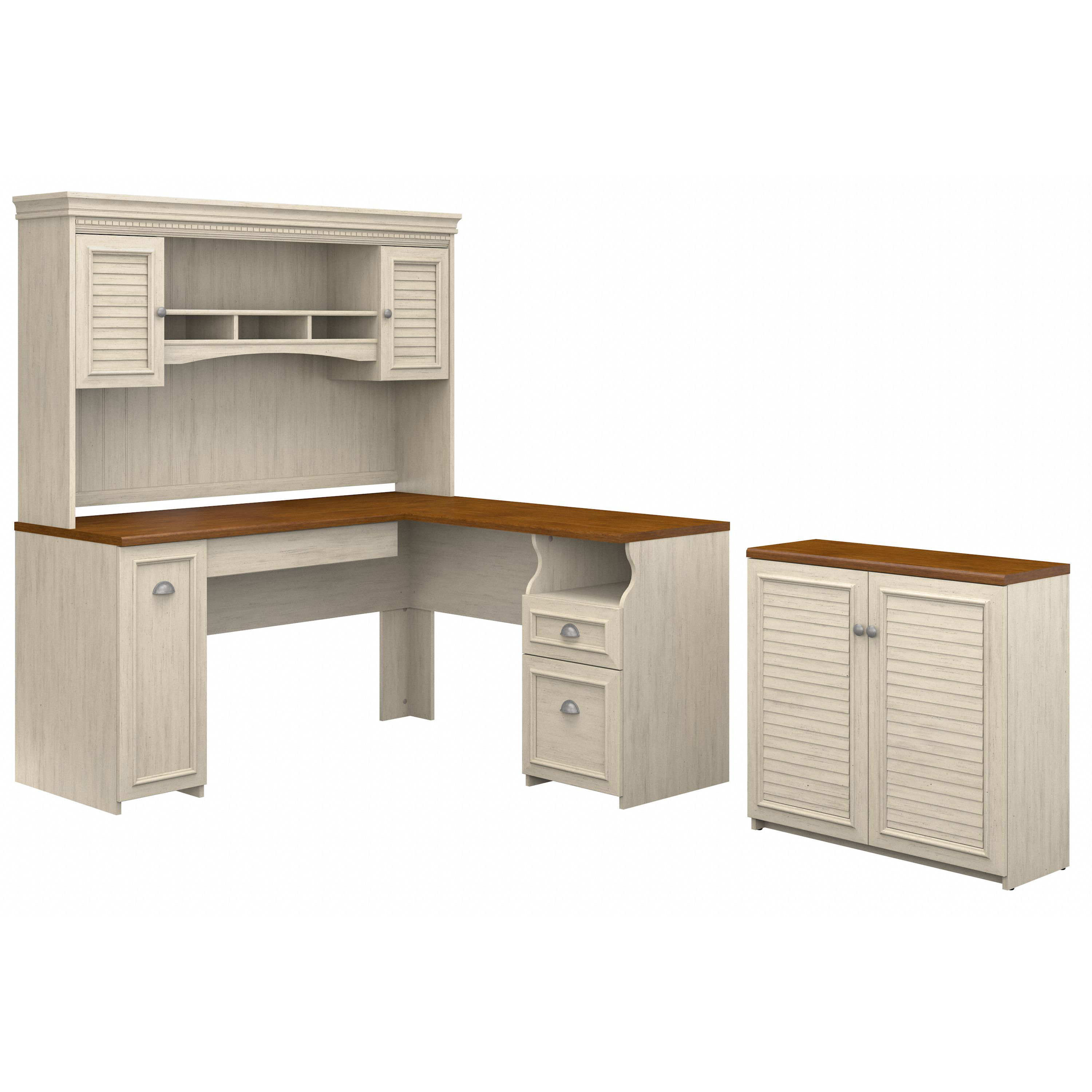 Shop Bush Furniture Fairview 60W L Shaped Desk with Hutch and Small Storage Cabinet 02 FV012AW #color_antique white