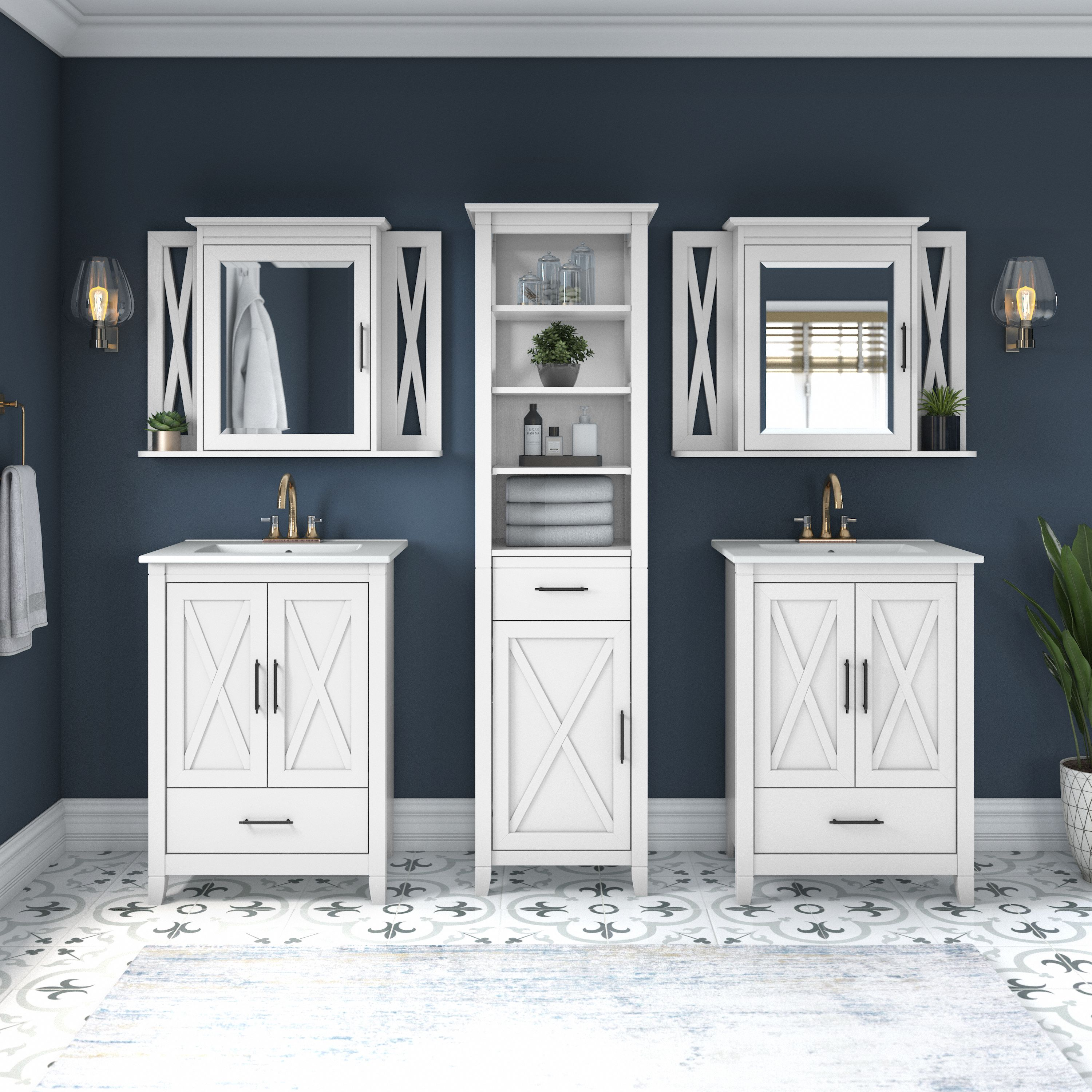 Shop Bush Furniture Key West 48W Double Vanity Set with Sinks, Medicine Cabinets and Linen Tower 01 KWS043WAS #color_white ash