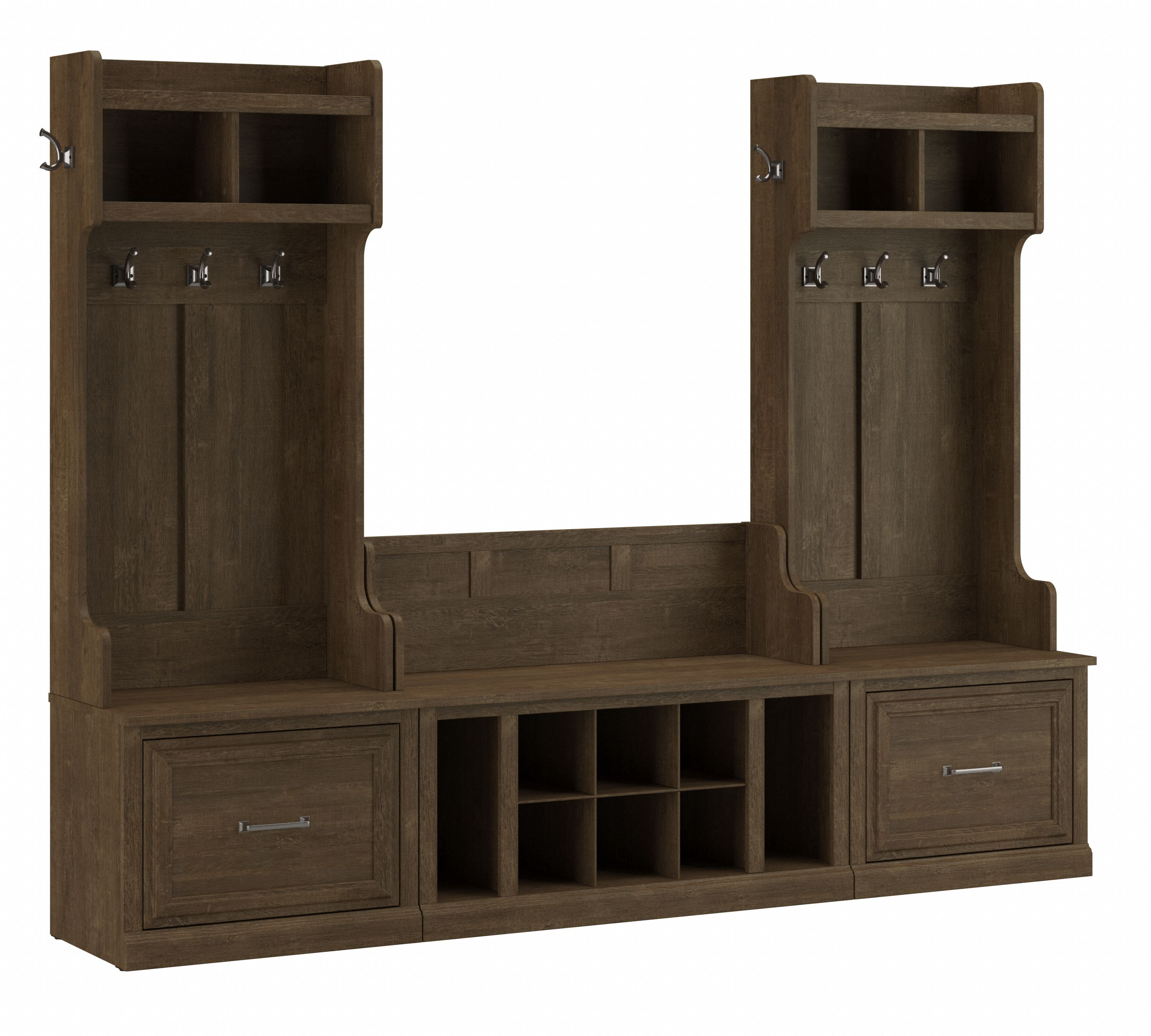 Shop Bush Furniture Woodland Entryway Storage Set with Hall Trees and Shoe Bench with Drawers 02 WDL012ABR #color_ash brown