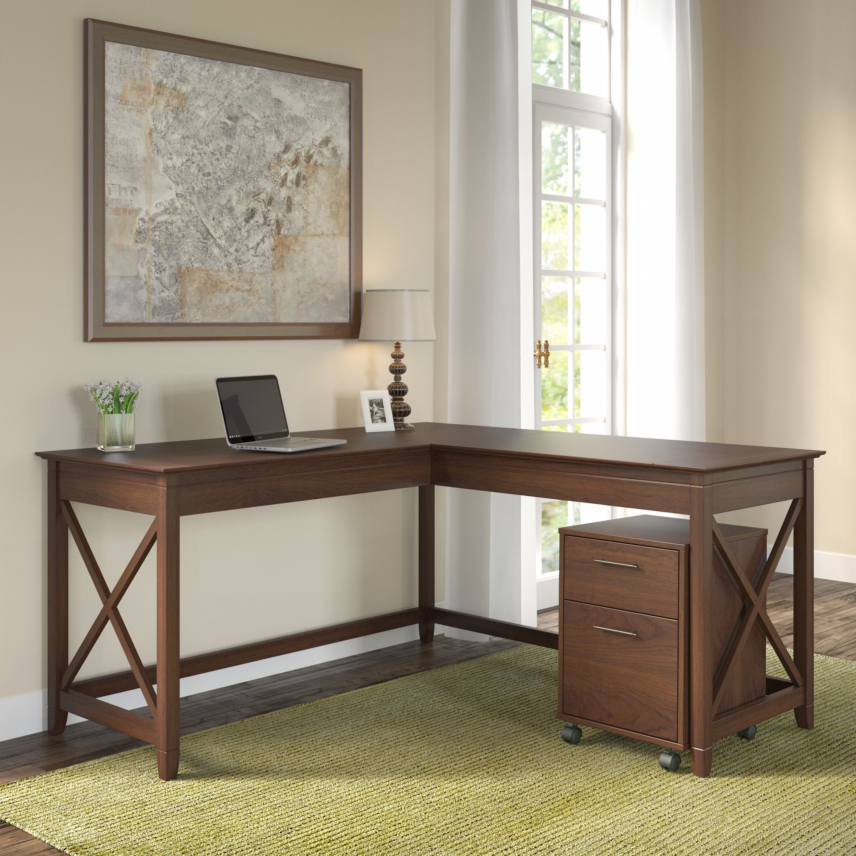 Shop Bush Furniture Key West 60W L Shaped Desk with 2 Drawer Mobile File Cabinet 01 KWS013BC #color_bing cherry