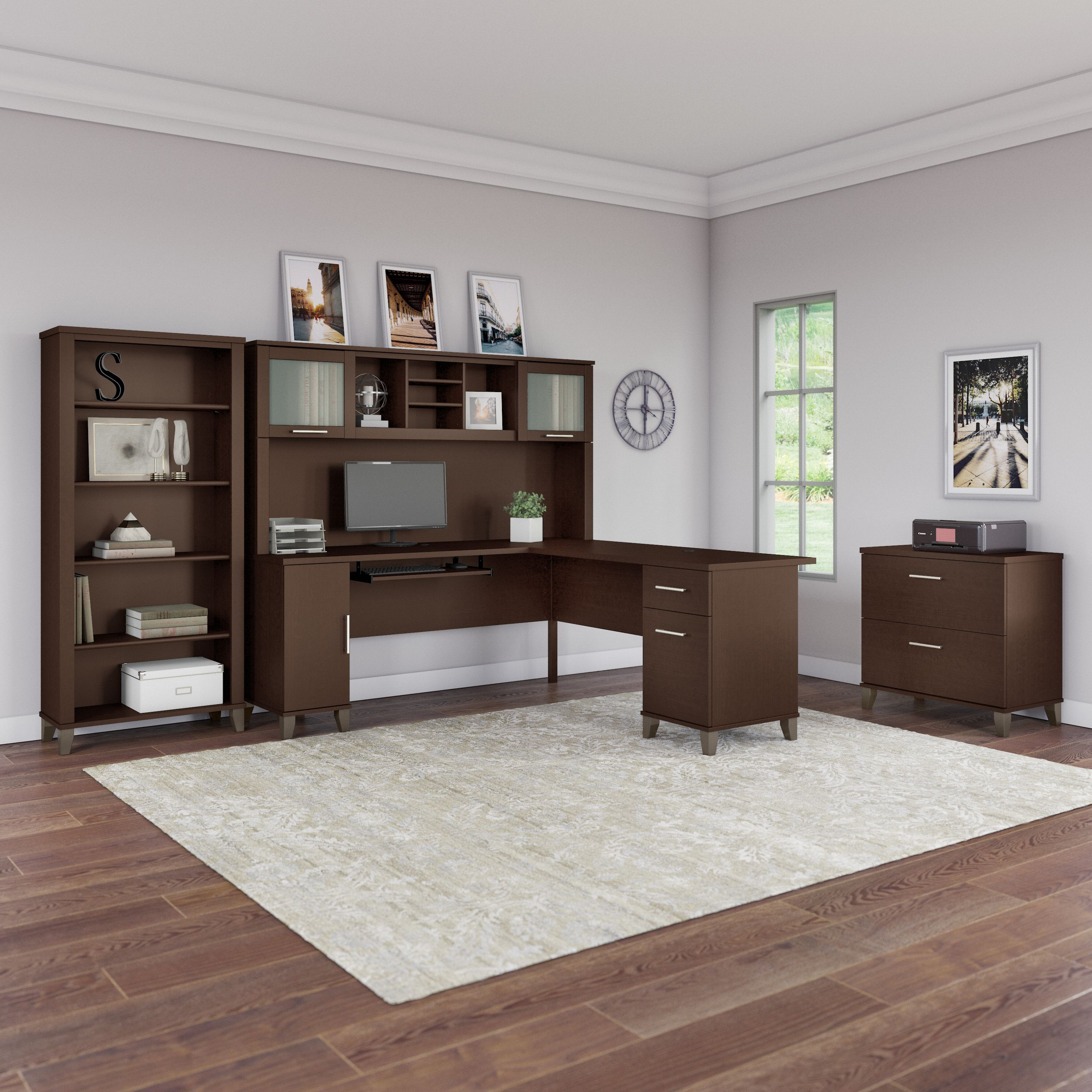Shop Bush Furniture Somerset 72W L Shaped Desk with Hutch, Lateral File Cabinet and Bookcase 01 SET012MR #color_mocha cherry