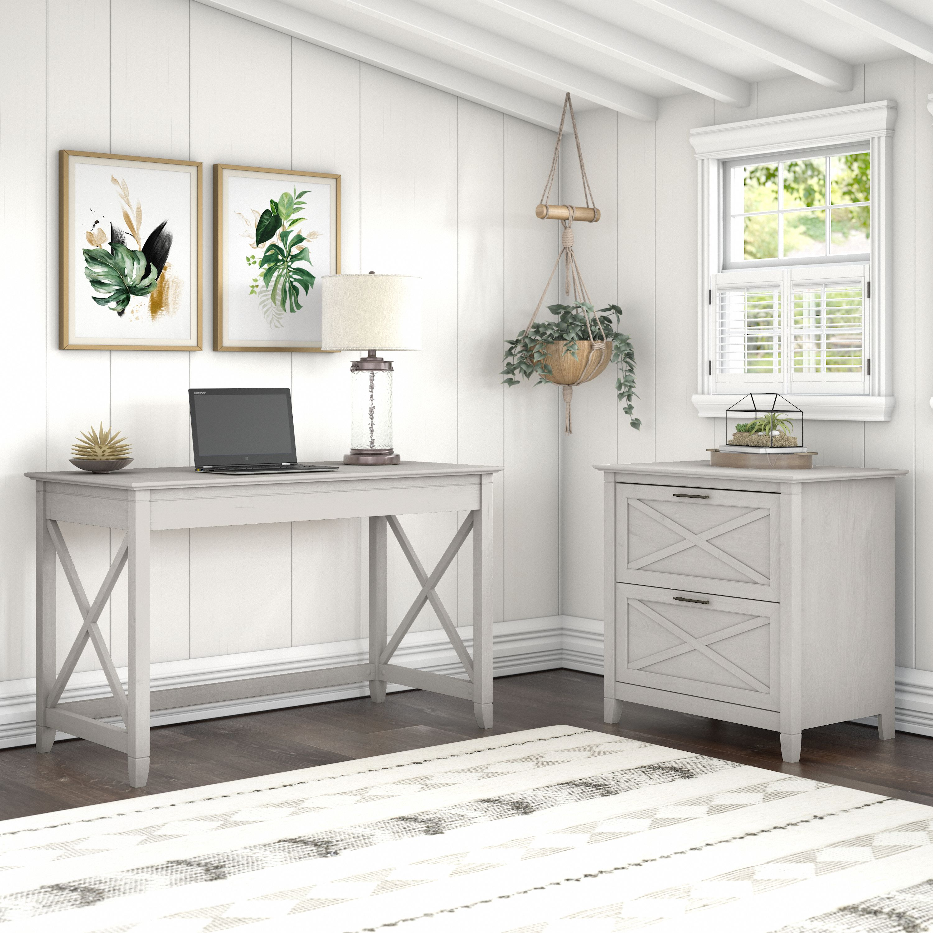Shop Bush Furniture Key West 48W Writing Desk with 2 Drawer Lateral File Cabinet 01 KWS003LW #color_linen white oak