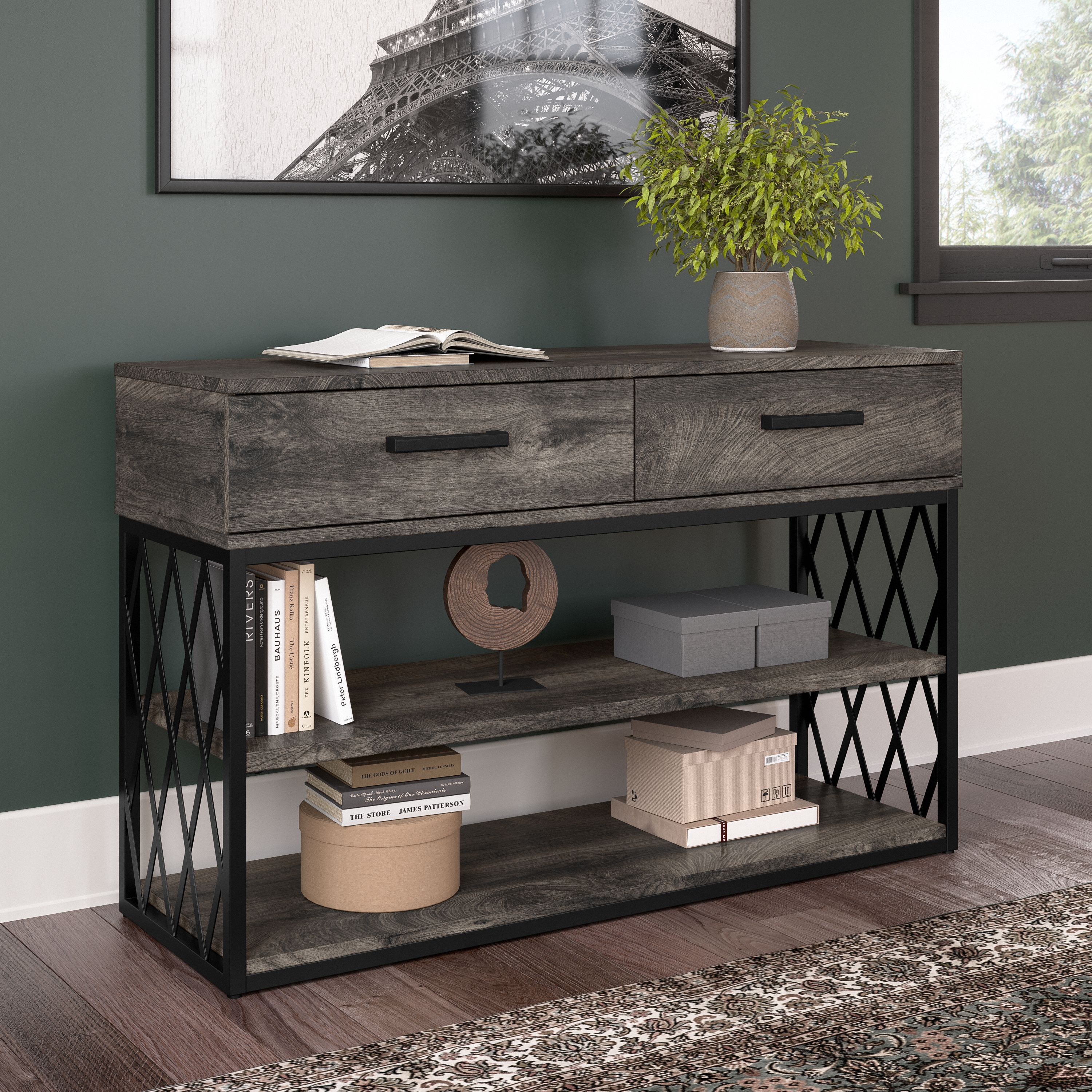 Shop Bush Furniture City Park Industrial Console Table with Drawers and Shelves 01 CPT148GH-03 #color_dark gray hickory
