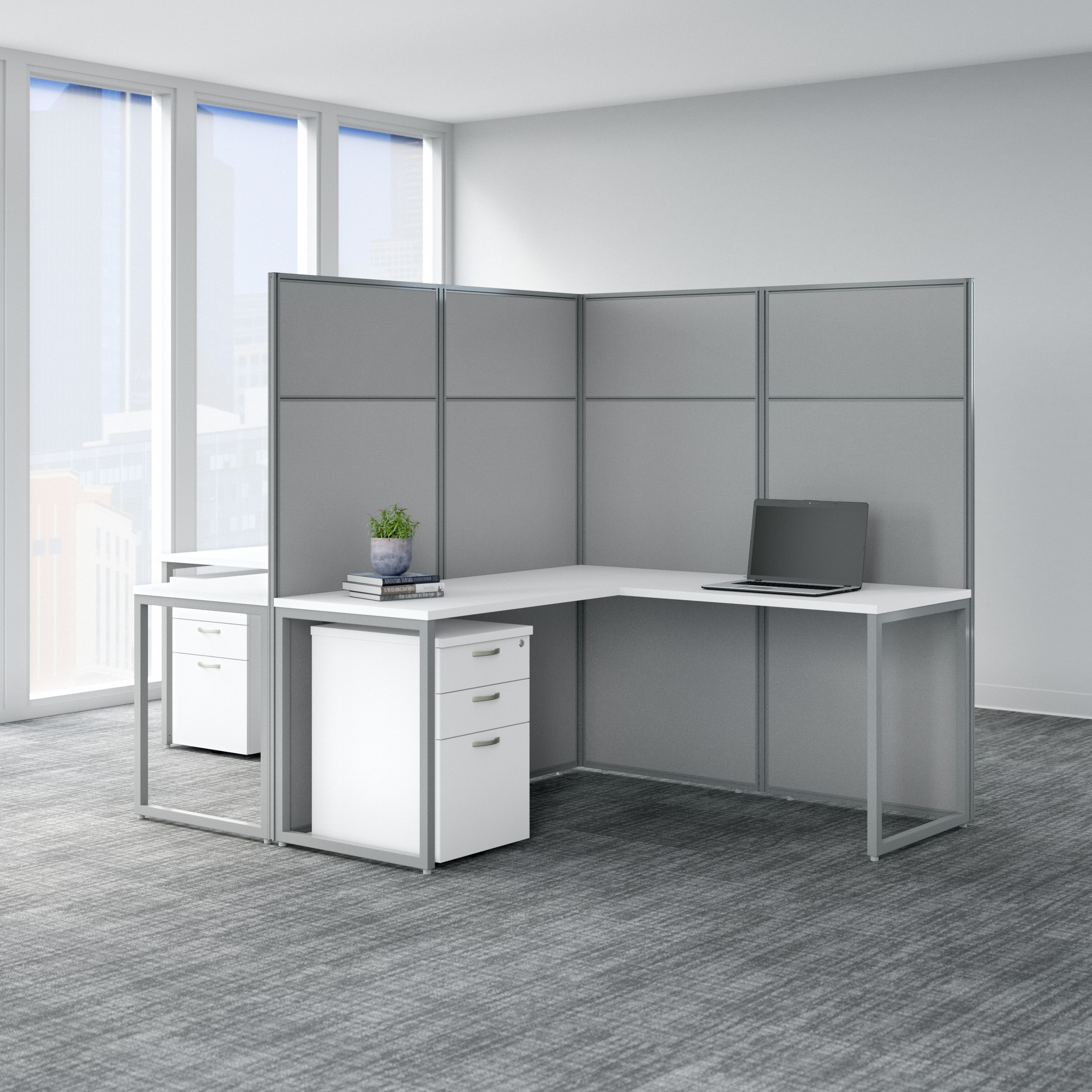 Shop Bush Business Furniture Easy Office 60W 2 Person L Shaped Cubicle Desk with Drawers and 66H Panels 01 EODH56SWH-03K #color_pure white/silver gray fabric