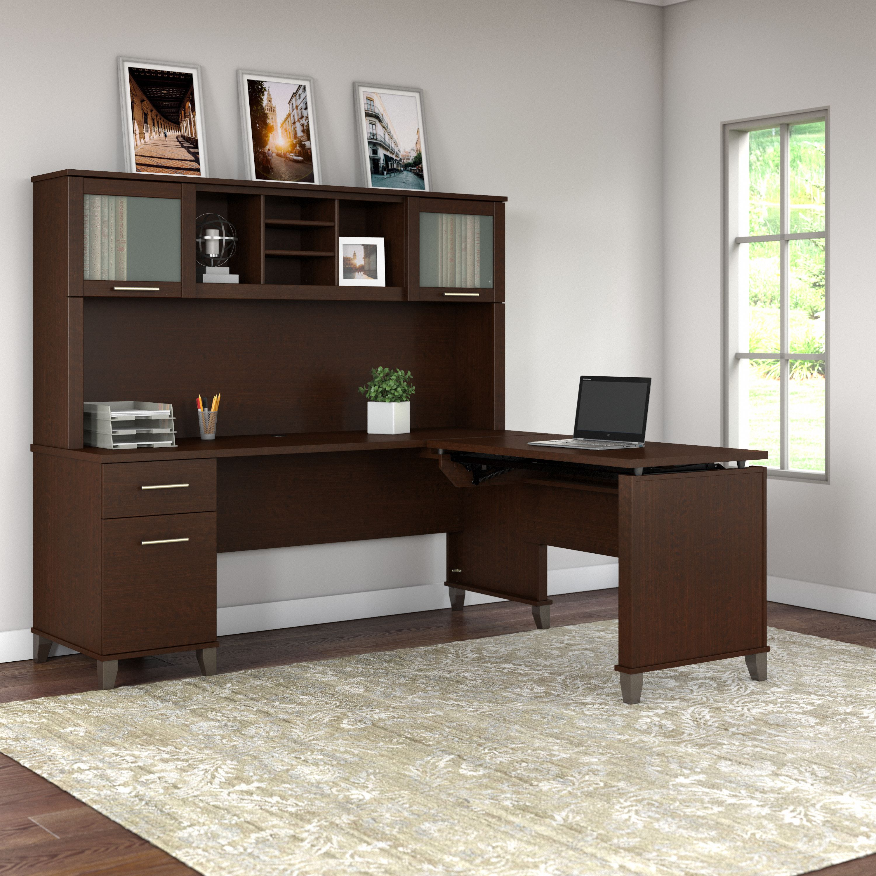 Shop Bush Furniture Somerset 72W 3 Position Sit to Stand L Shaped Desk with Hutch 06 SET015MR #color_mocha cherry