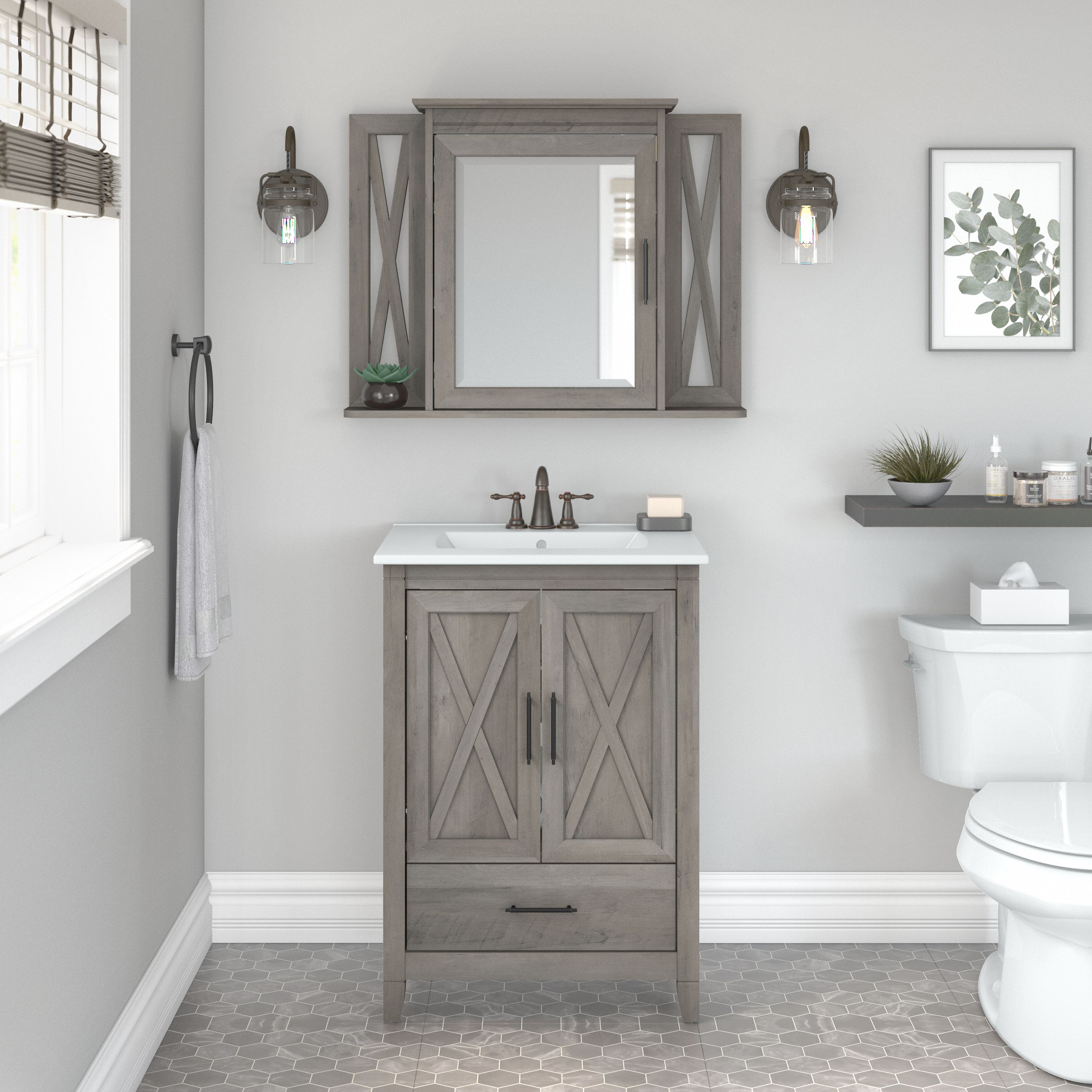 Shop Bush Furniture Key West 24W Bathroom Vanity Sink with Mirror 01 KWS029DG #color_driftwood gray