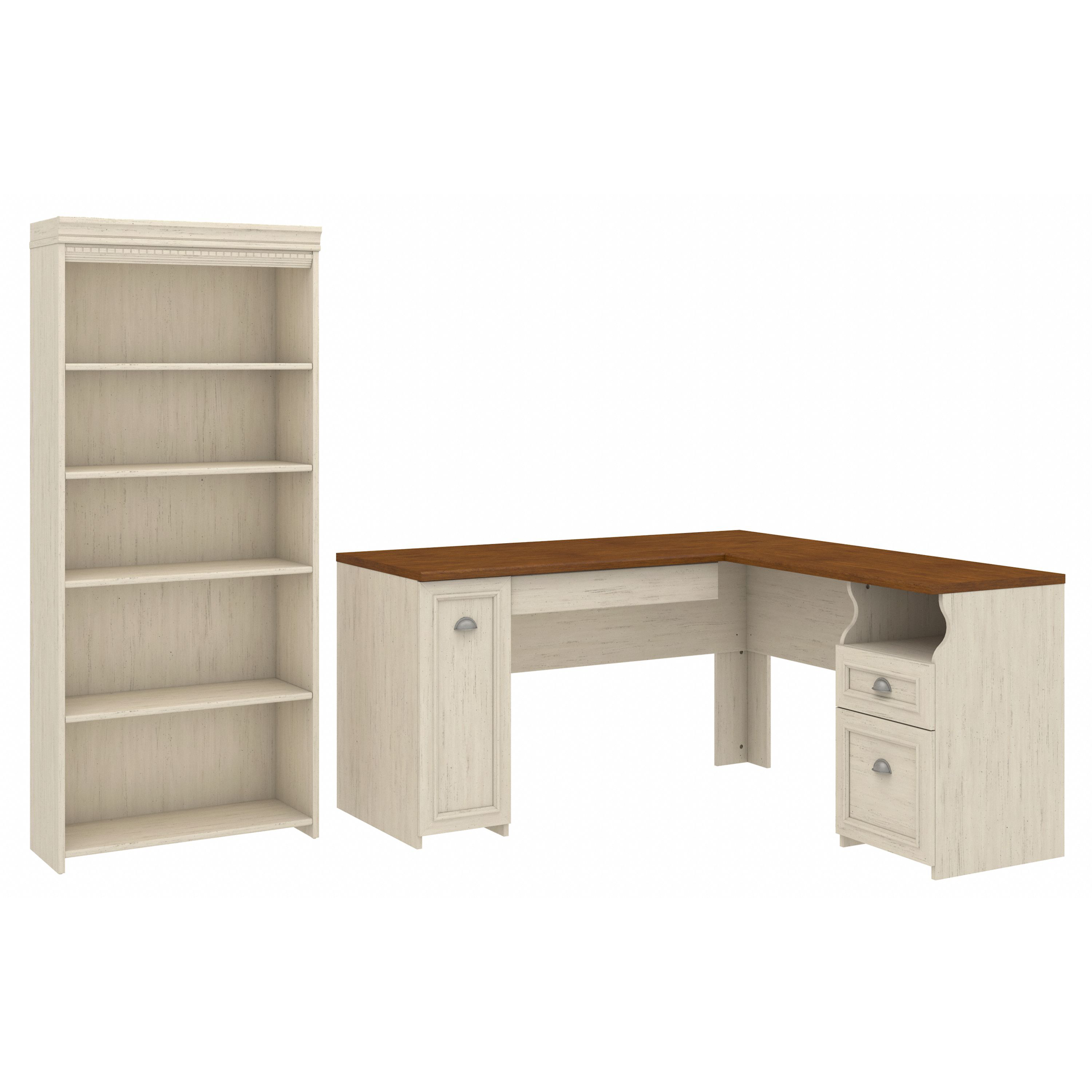 Shop Bush Furniture Fairview 60W L Shaped Desk with 5 Shelf Bookcase 02 FV007AW #color_antique white