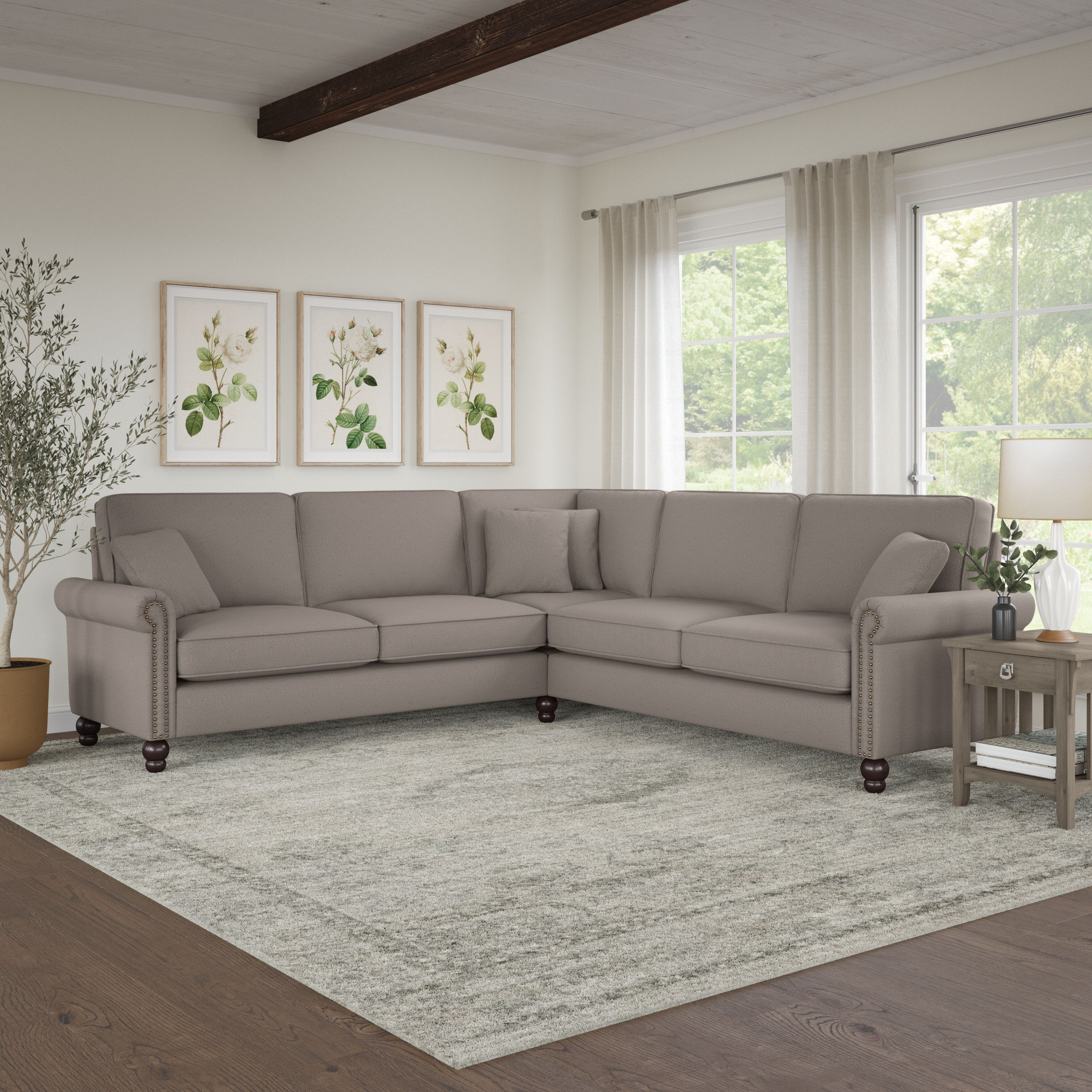 Shop Bush Furniture Coventry 99W L Shaped Sectional Couch 01 CVY98BBGH-03K #color_beige herringbone fabric