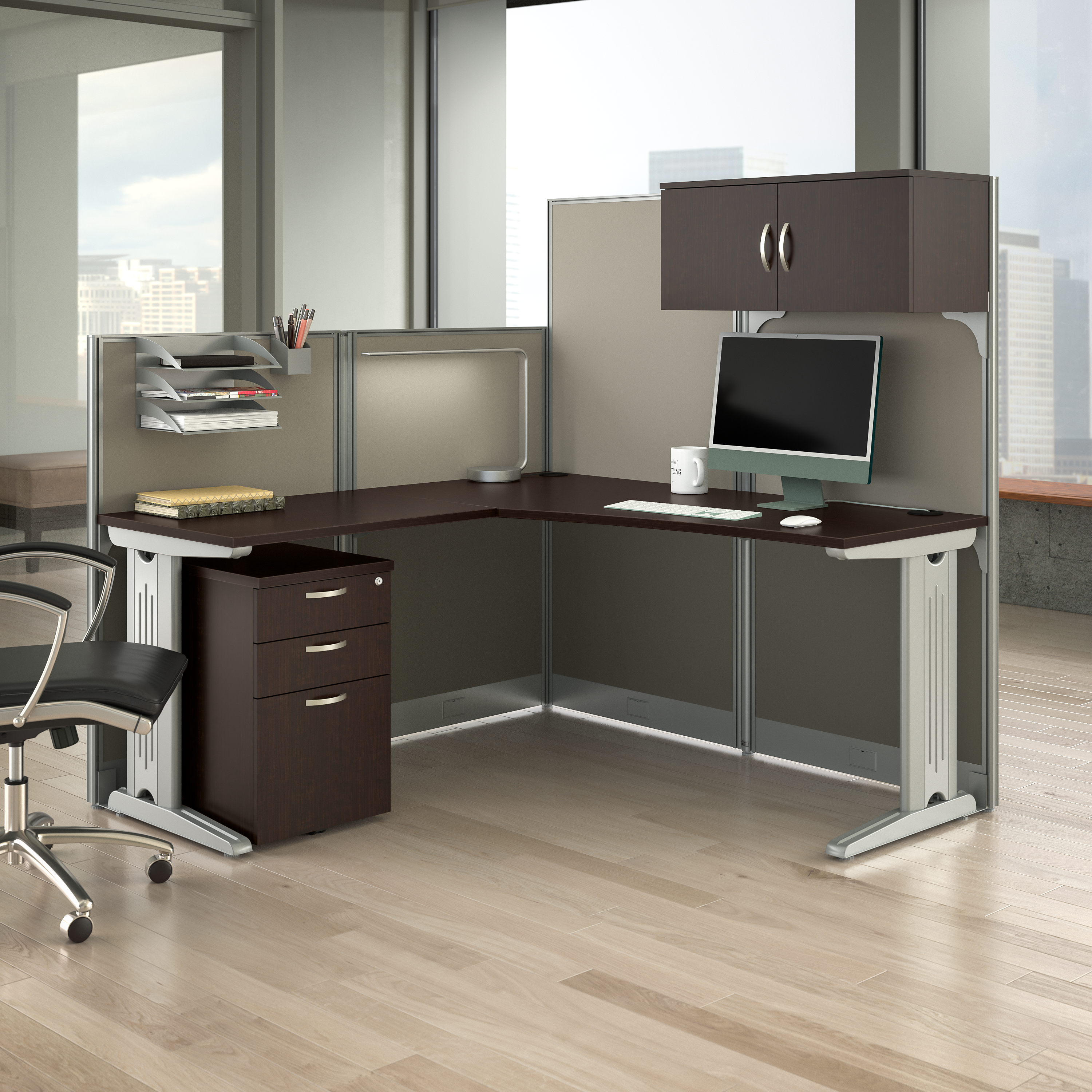 Shop Bush Business Furniture Office in an Hour 65W L Shaped Cubicle Desk with Storage, Drawers, and Organizers 01 WC36894-03STGK #color_mocha cherry