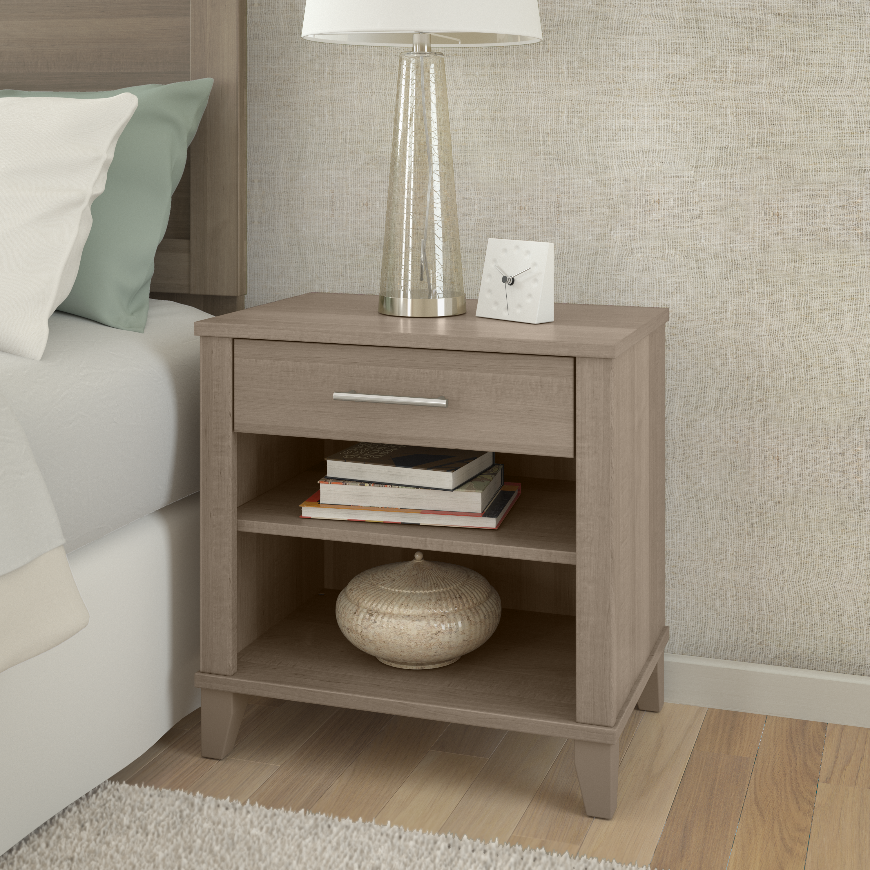 Shop Bush Furniture Somerset Nightstand with Drawer and Shelves 01 STS119AG #color_ash gray