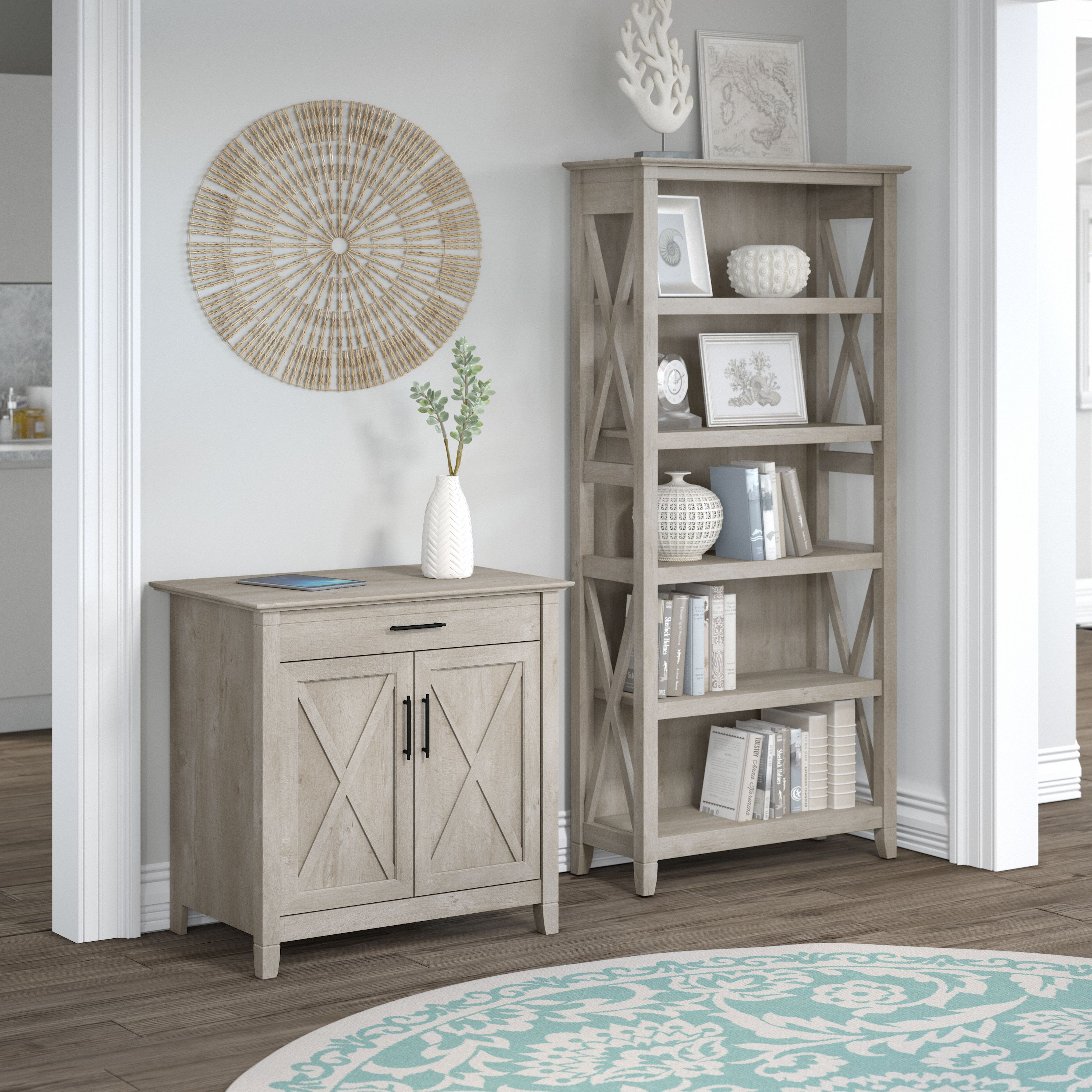 Shop Bush Furniture Key West Secretary Desk with Storage and 5 Shelf Bookcase 01 KWS012WG #color_washed gray