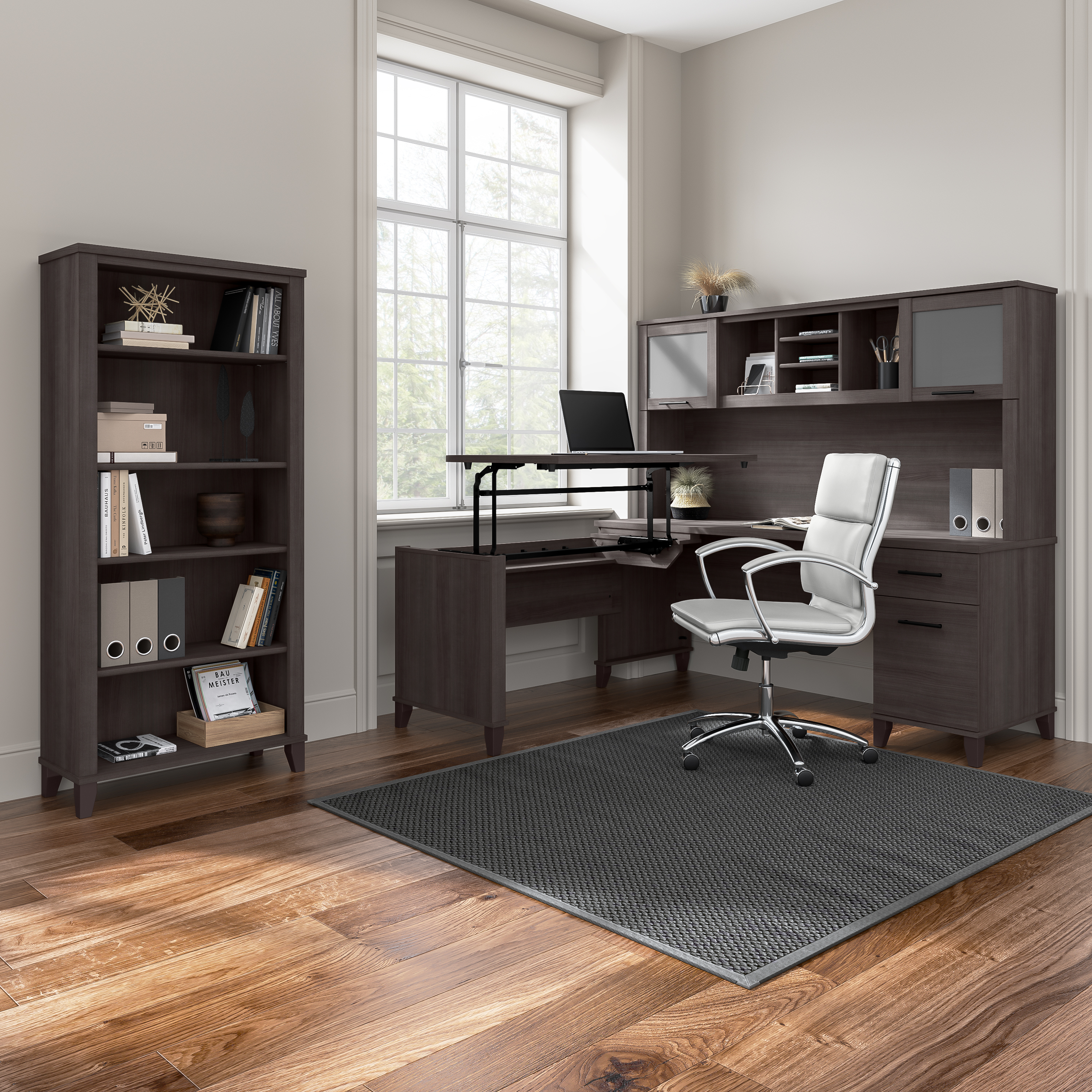 Shop Bush Furniture Somerset 60W L Shaped Desk with Hutch and 5 Shelf Bookcase 09 SET010SG #color_storm gray