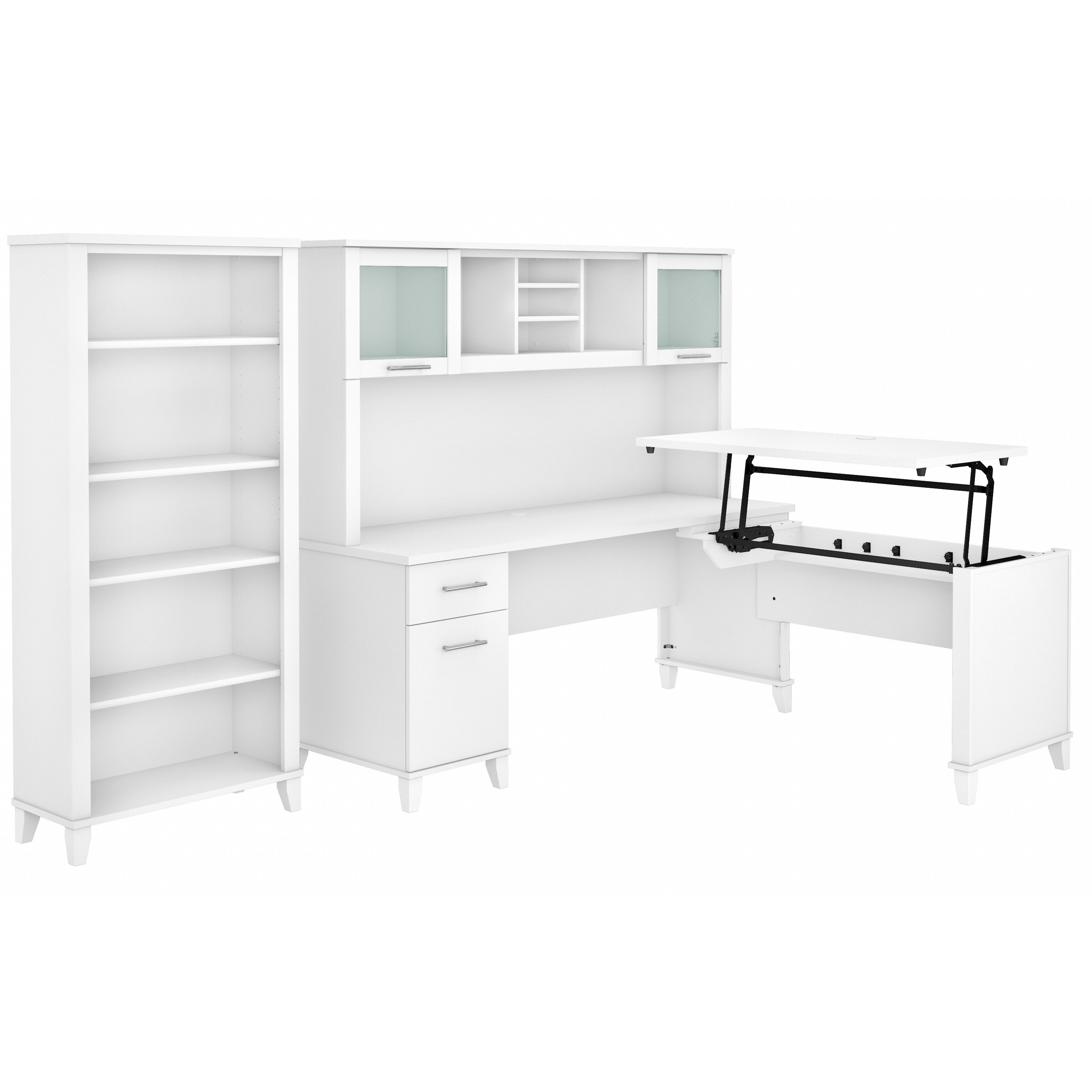 Shop Bush Furniture Somerset 72W 3 Position Sit to Stand L Shaped Desk with Hutch and Bookcase 02 SET017WH #color_white