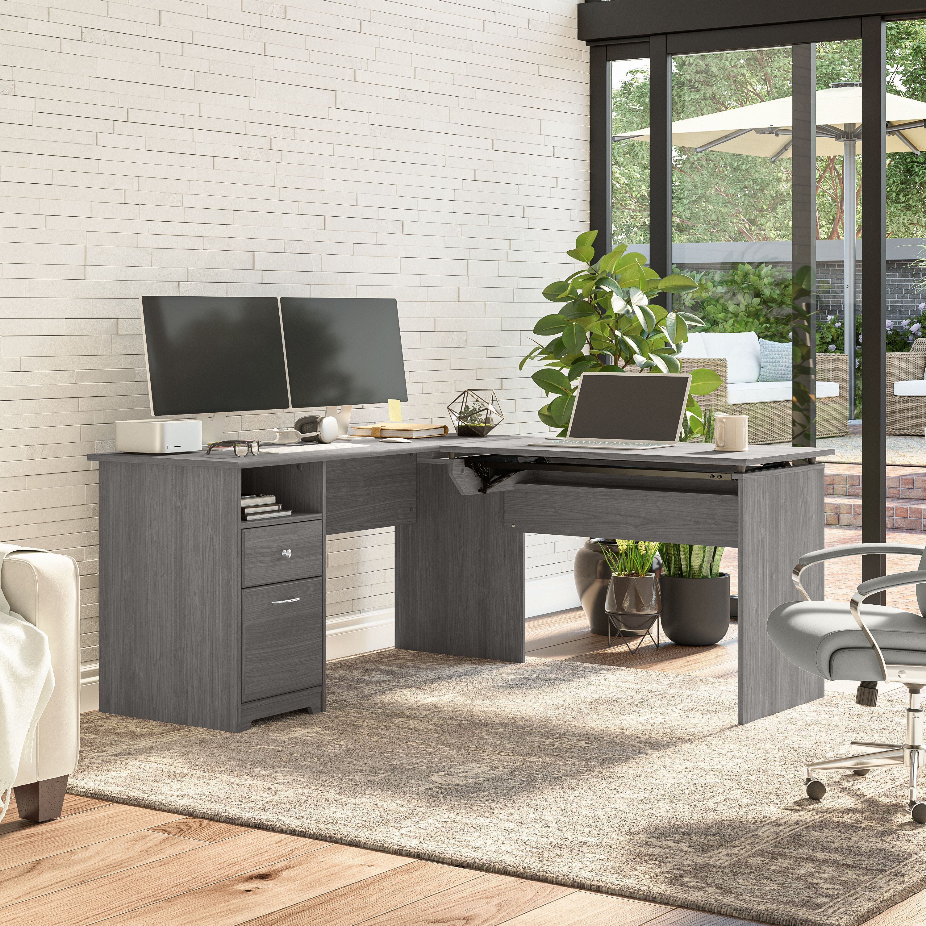 Shop Bush Furniture Cabot 60W 3 Position Sit to Stand L Shaped Desk 06 CAB043MG #color_modern gray