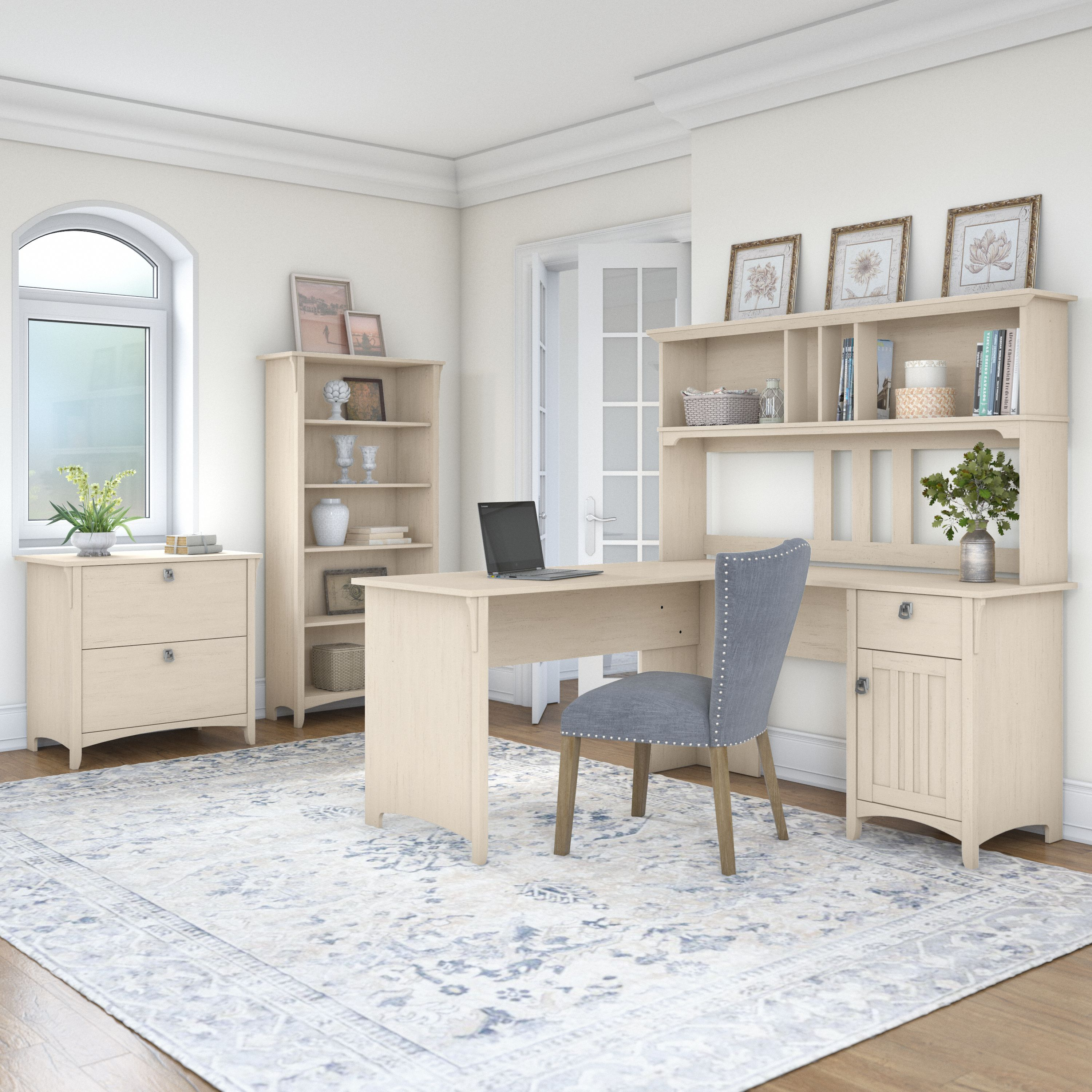 Shop Bush Furniture Salinas 60W L Shaped Desk with Hutch, Lateral File Cabinet and 5 Shelf Bookcase 01 SAL007AW #color_antique white