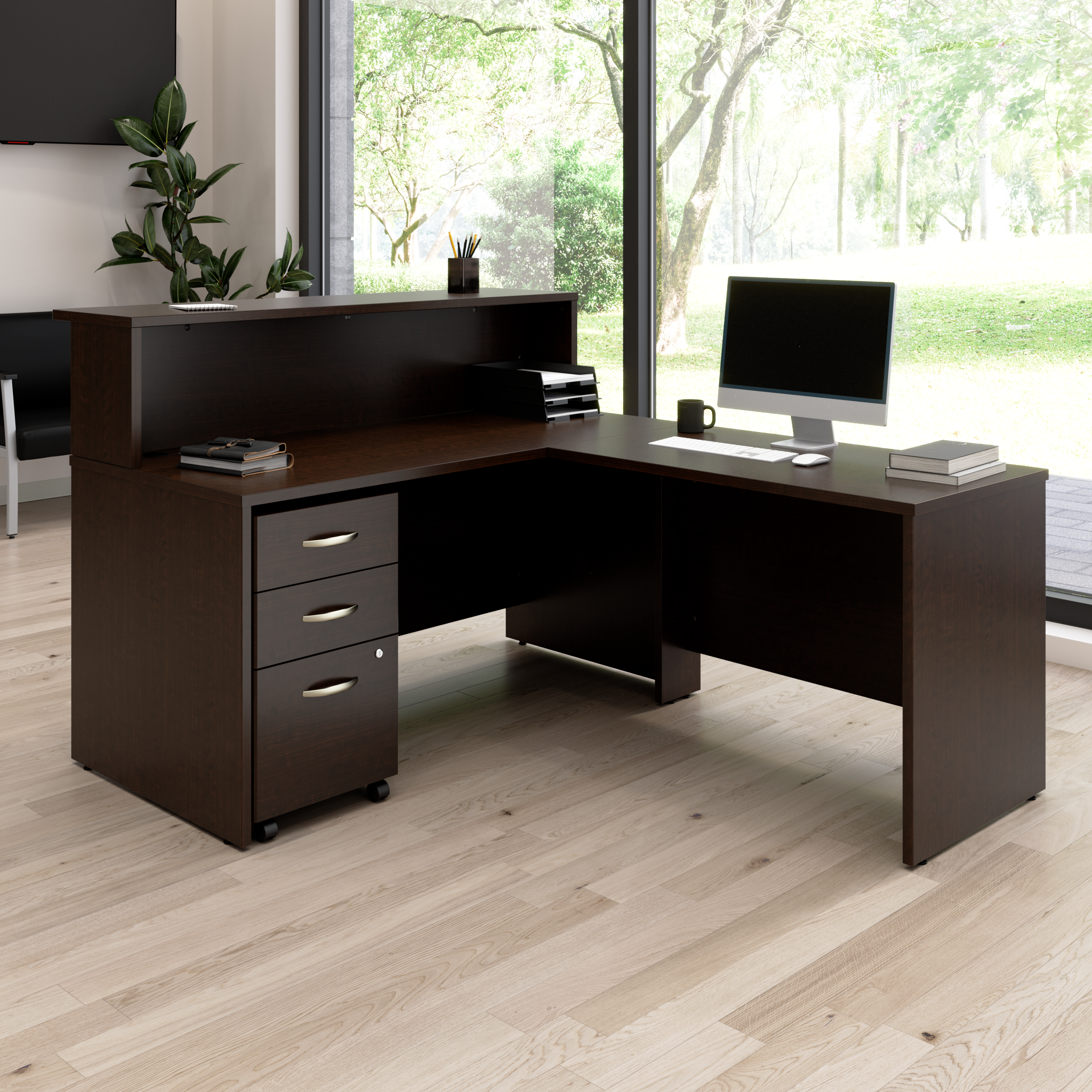 Shop Bush Business Furniture Arrive 60W x 72D L Shaped Reception Desk with Shelf and Mobile File Cabinet 01 ARV004MR #color_mocha cherry