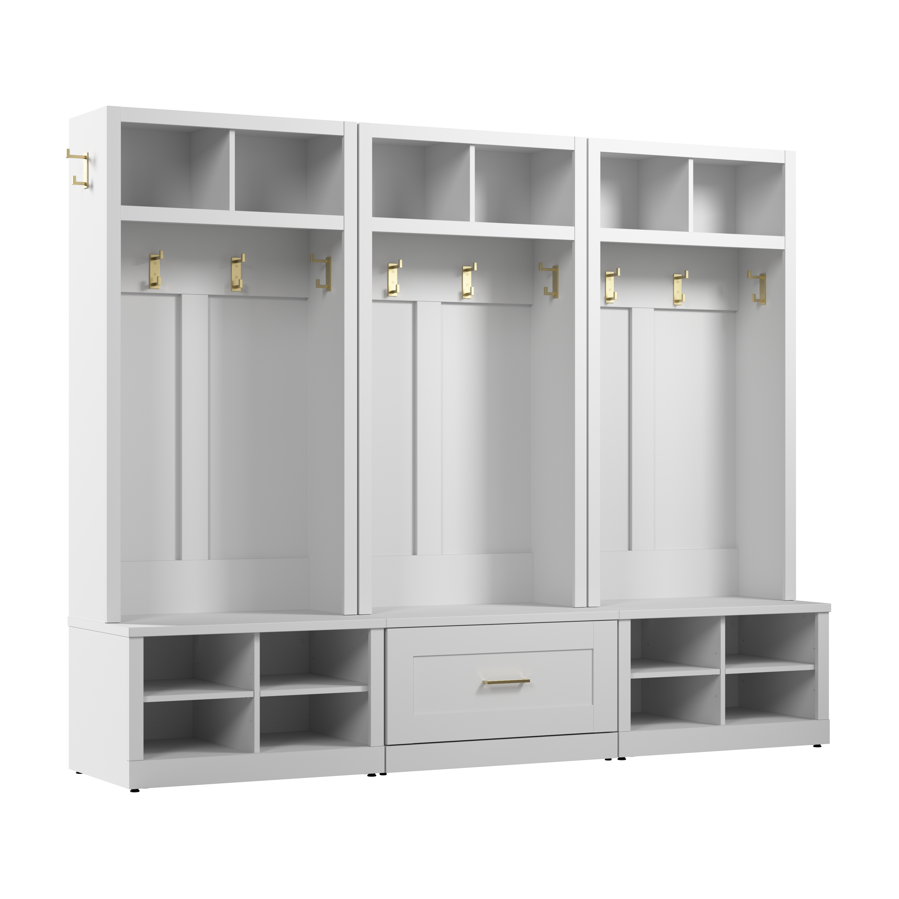 Shop Bush Furniture Hampton Heights Full Entryway Storage Set with Hall Trees and Shoe Benches with Drawers 02 HHS011WH #color_white