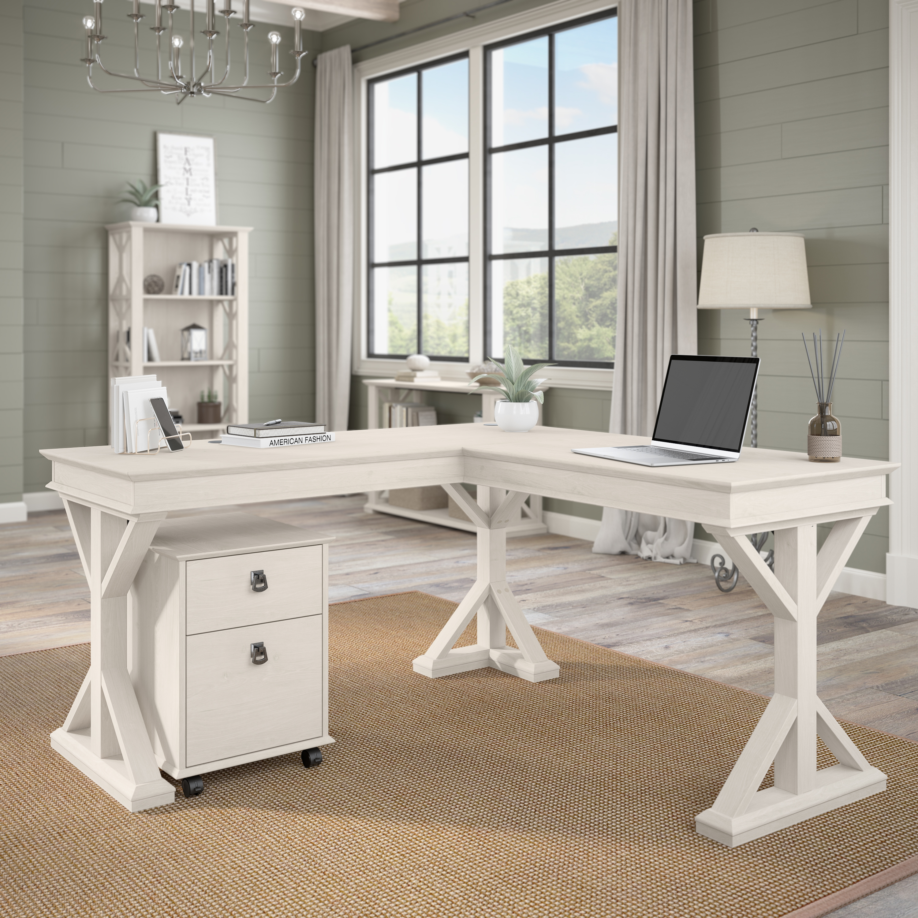 Shop Bush Furniture Homestead 60W Farmhouse L Shaped Desk 08 HOD160LW-03K #color_linen white oak