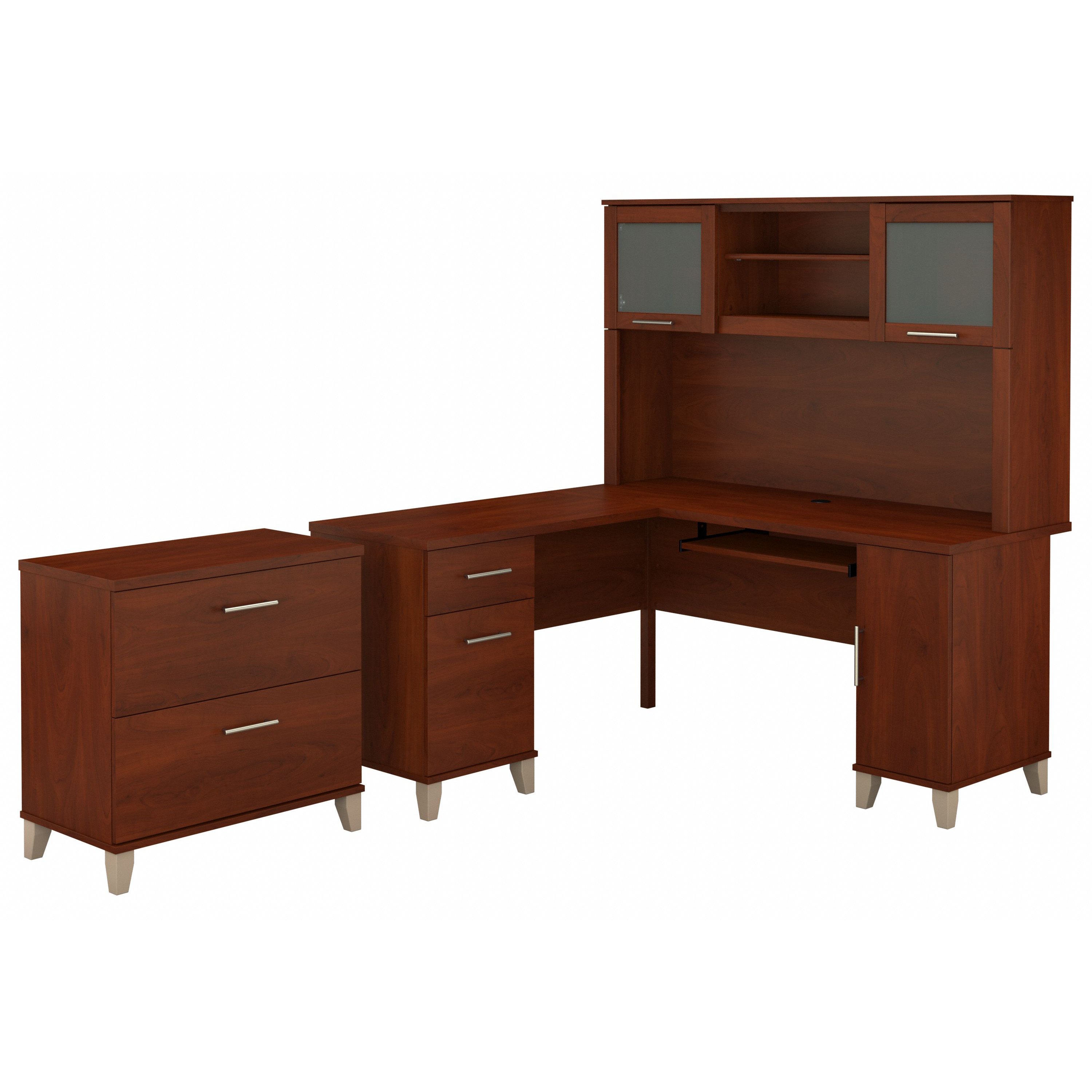 Shop Bush Furniture Somerset 60W L Shaped Desk with Hutch and Lateral File Cabinet 02 SET008HC #color_hansen cherry