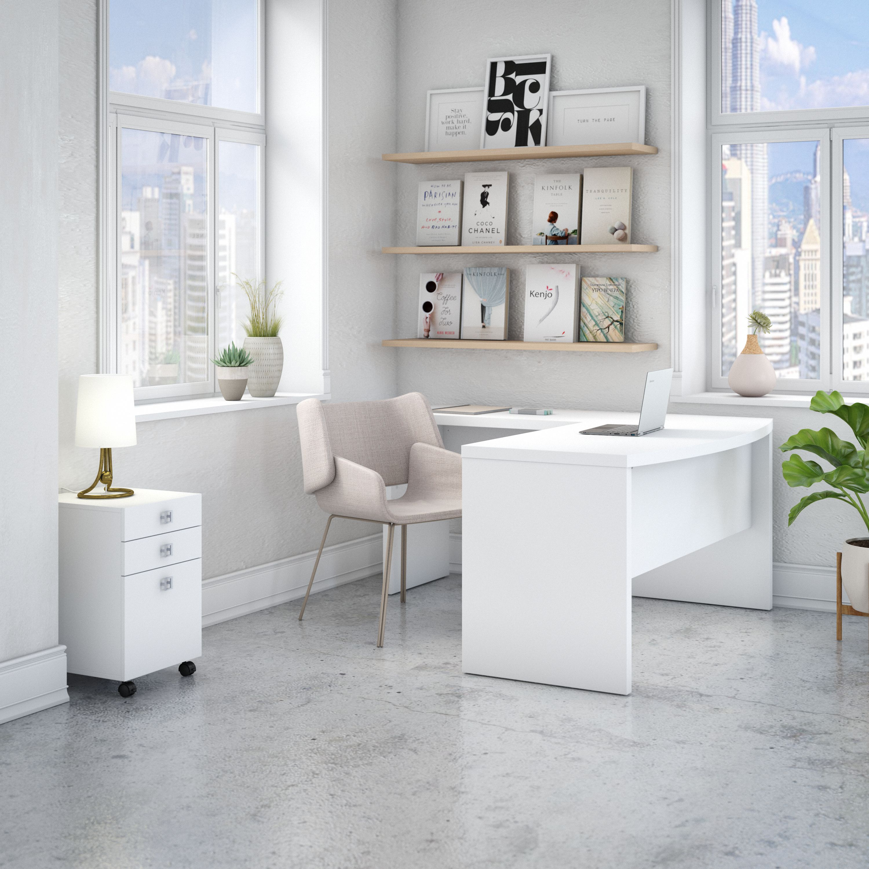 Shop Bush Business Furniture Echo L Shaped Bow Front Desk with Mobile File Cabinet 01 ECH007PW #color_pure white