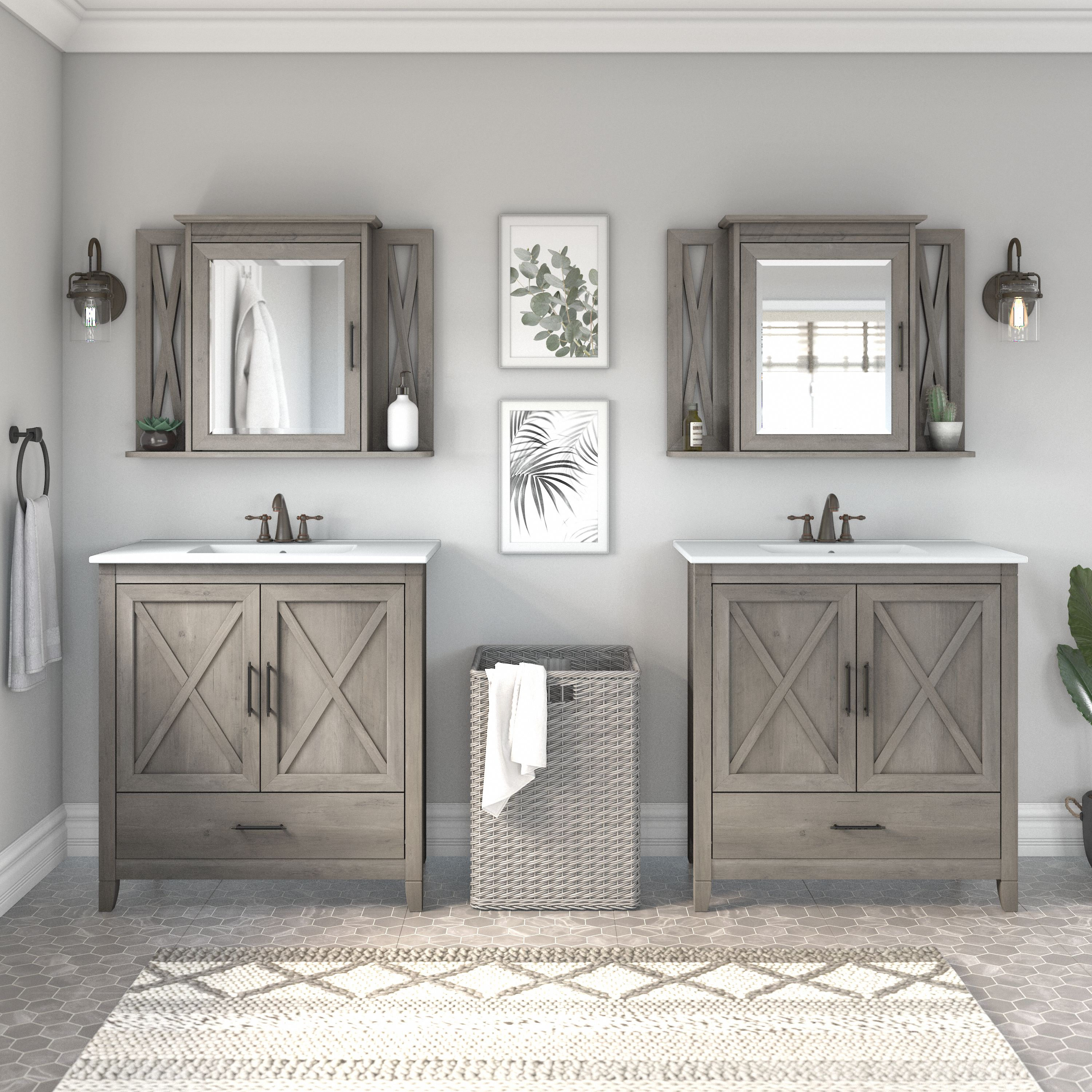 Shop Bush Furniture Key West 64W Double Vanity Set with Sinks and Medicine Cabinets 01 KWS042DG #color_driftwood gray