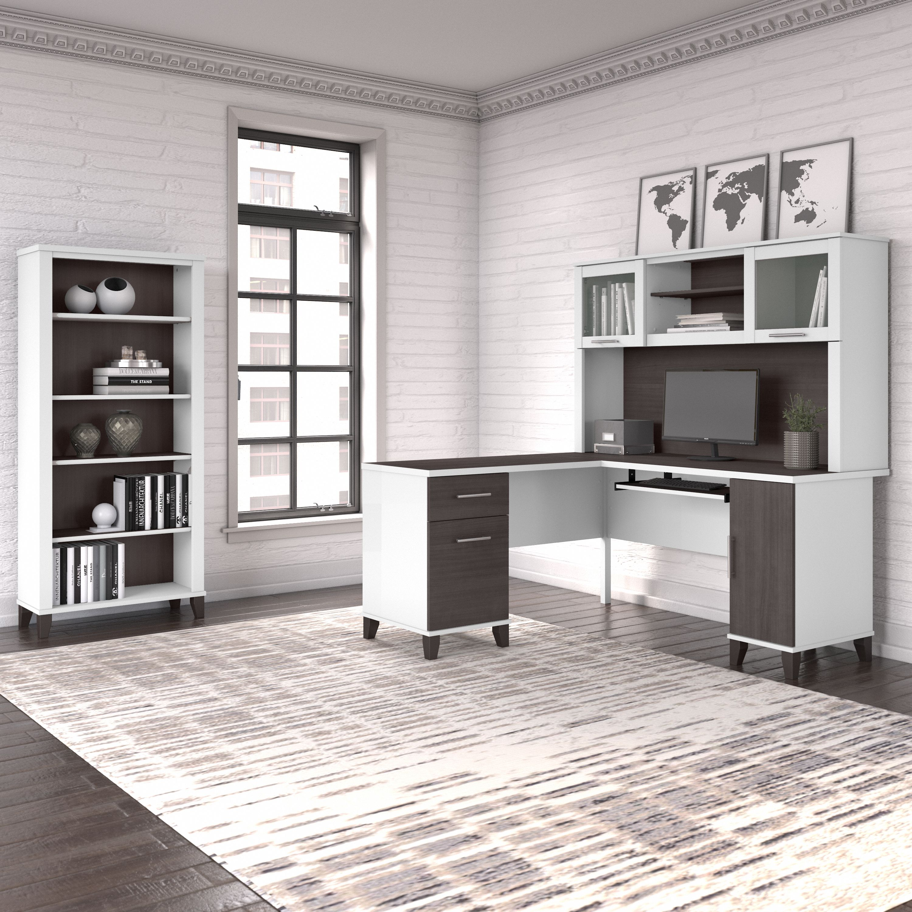 Shop Bush Furniture Somerset 60W L Shaped Desk with Hutch and 5 Shelf Bookcase 01 SET010SGWH #color_storm gray/white