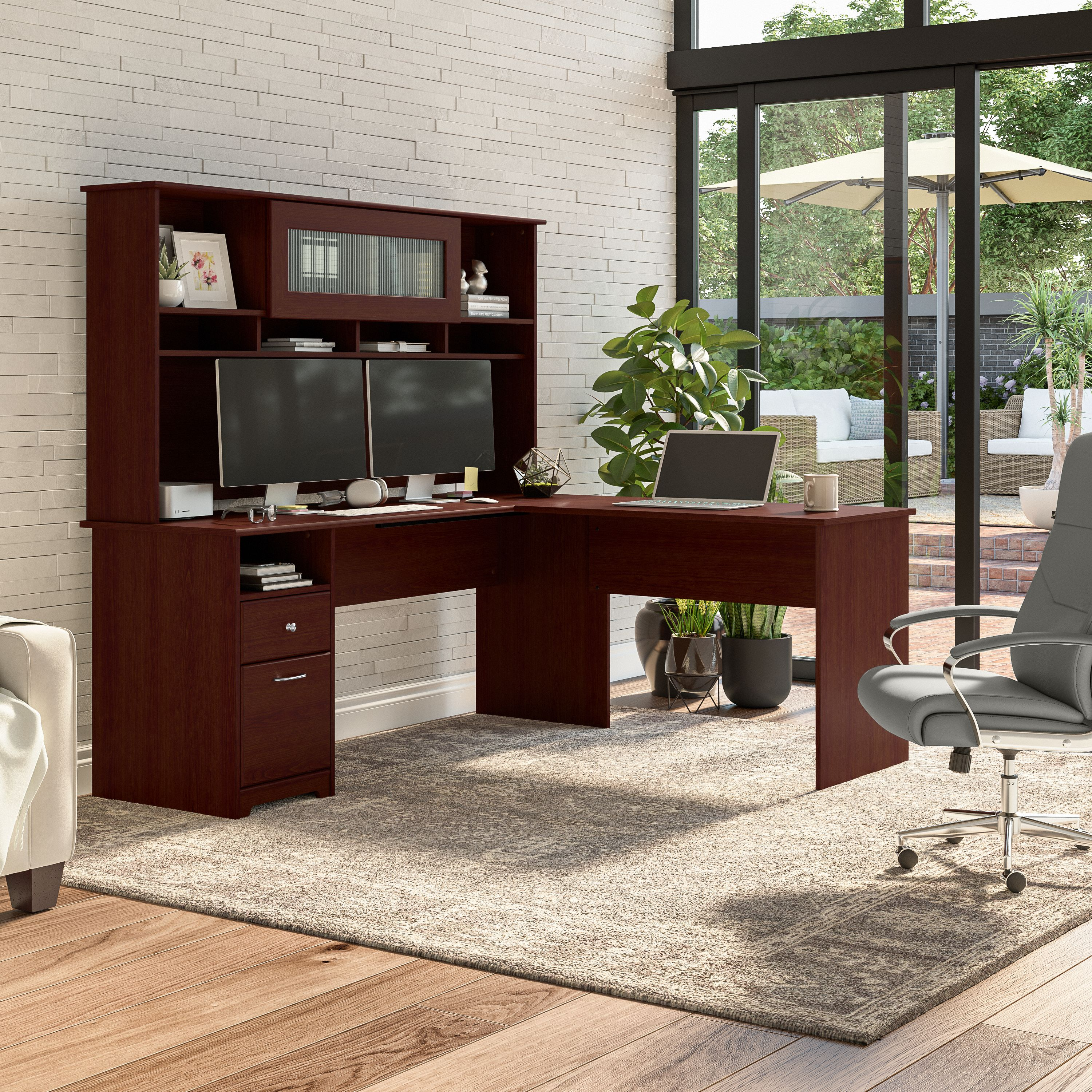 Shop Bush Furniture Cabot 72W L Shaped Computer Desk with Hutch and Drawers 01 CAB053HVC #color_harvest cherry
