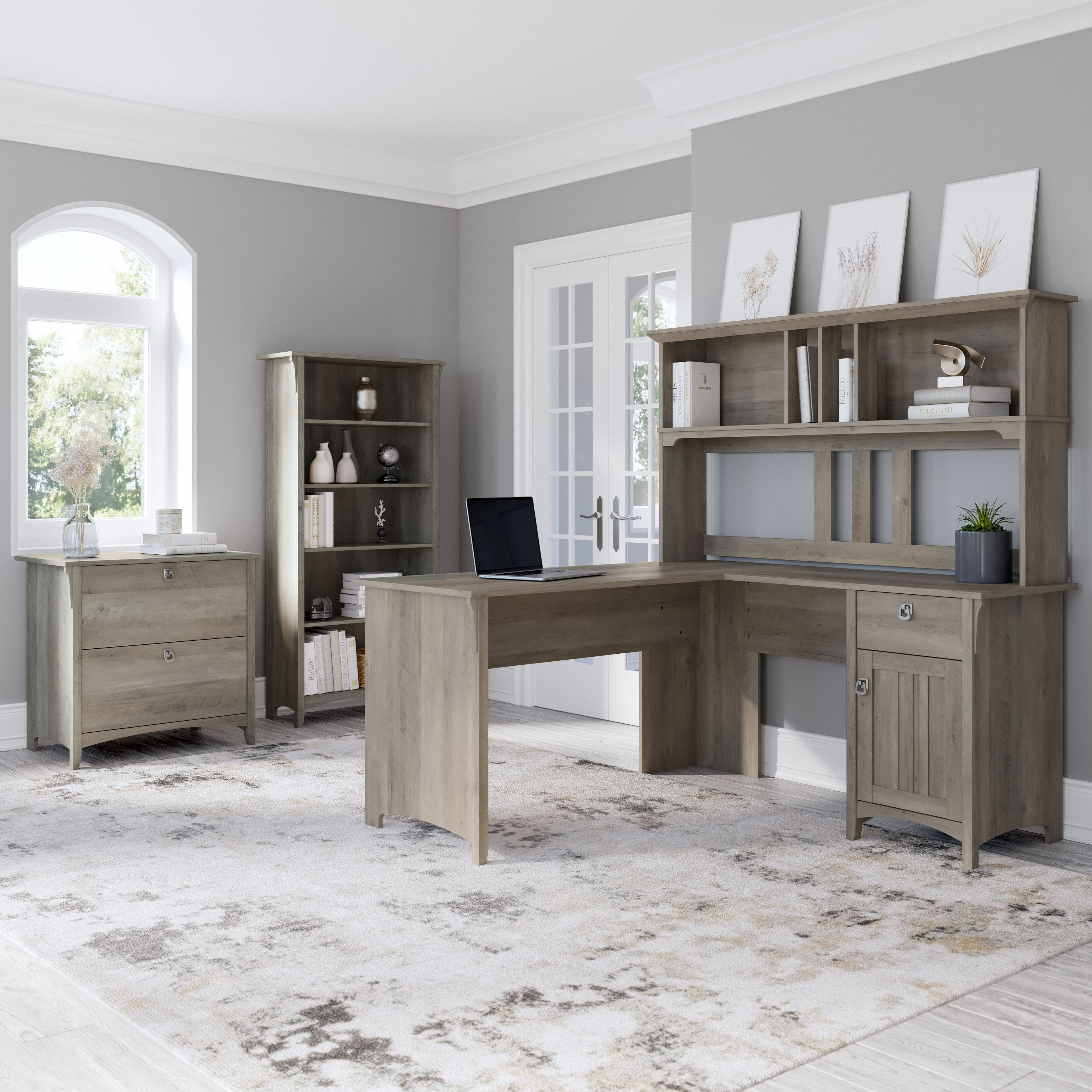 Shop Bush Furniture Salinas 60W L Shaped Desk with Hutch, Lateral File Cabinet and 5 Shelf Bookcase 01 SAL007DG #color_driftwood gray