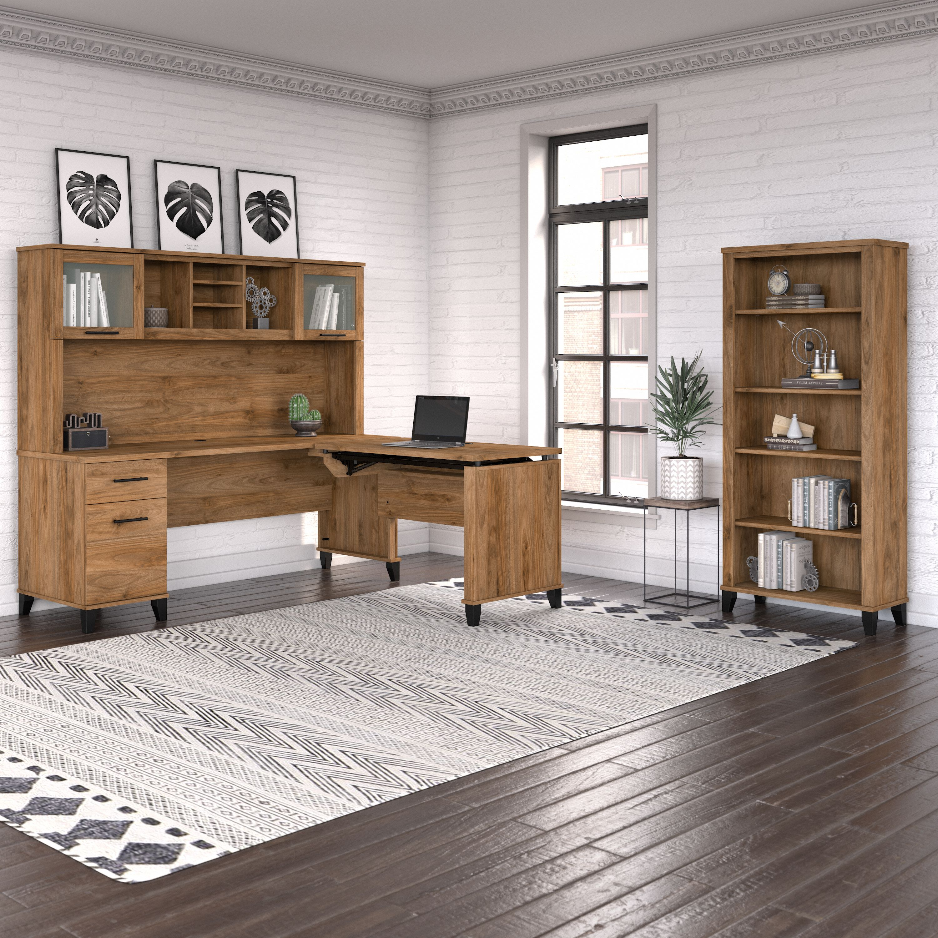 Shop Bush Furniture Somerset 72W 3 Position Sit to Stand L Shaped Desk with Hutch and Bookcase 06 SET017FW #color_fresh walnut