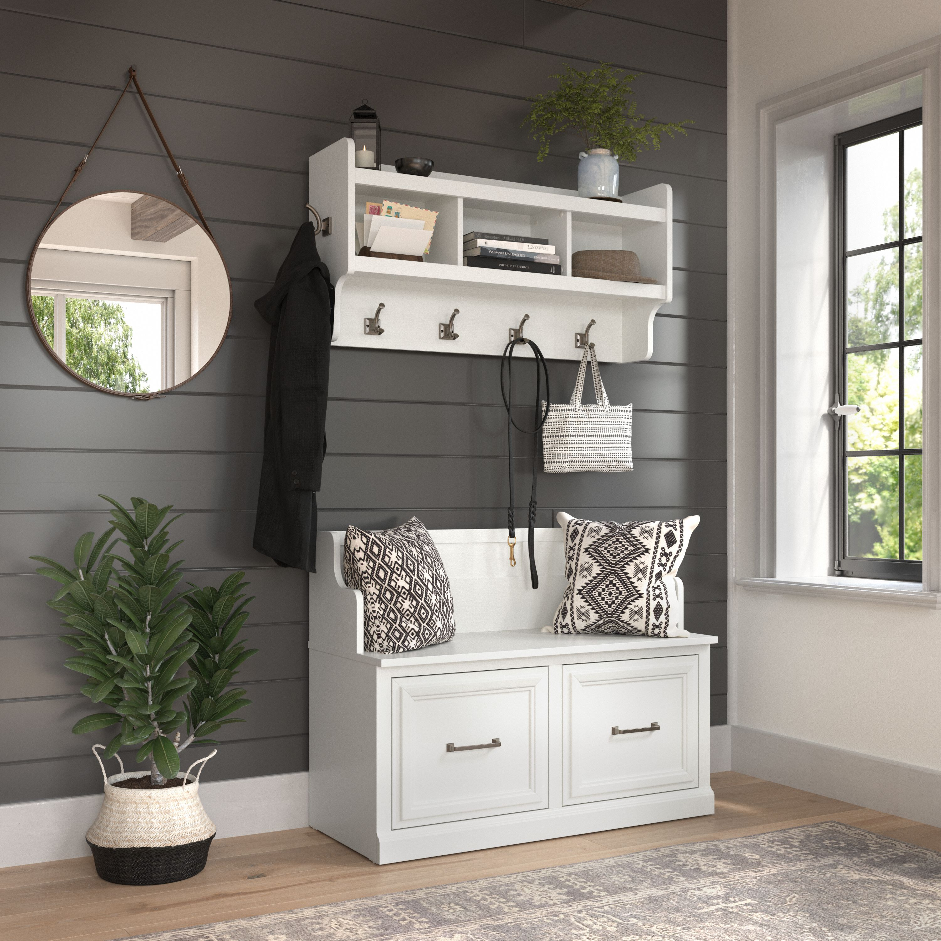 Shop Bush Furniture Woodland 40W Entryway Bench with Doors and Wall Mounted Coat Rack 01 WDL009WAS #color_white ash
