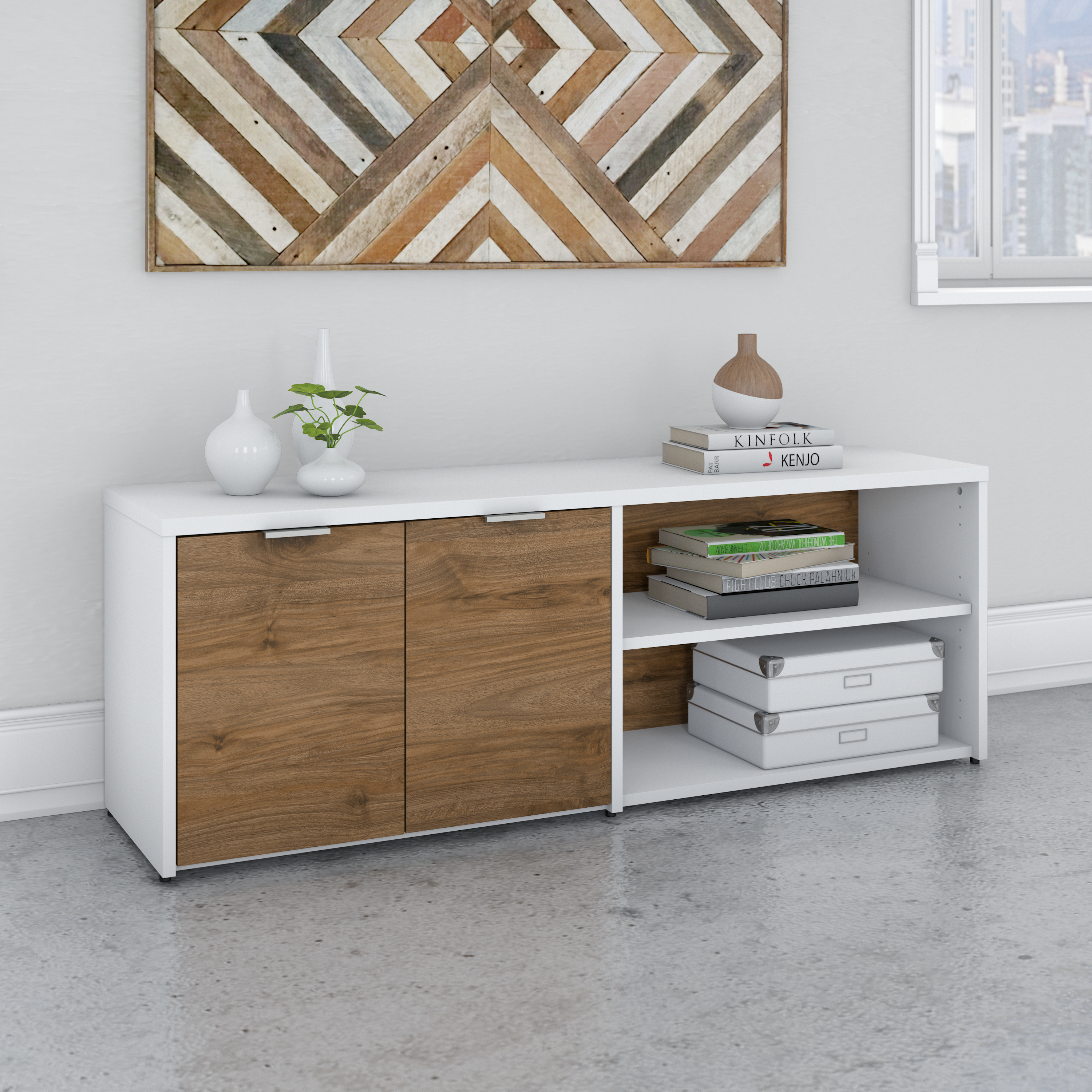Shop Bush Business Furniture Jamestown Low Storage Cabinet with Doors and Shelves 01 JTS160FWWH #color_fresh walnut/white