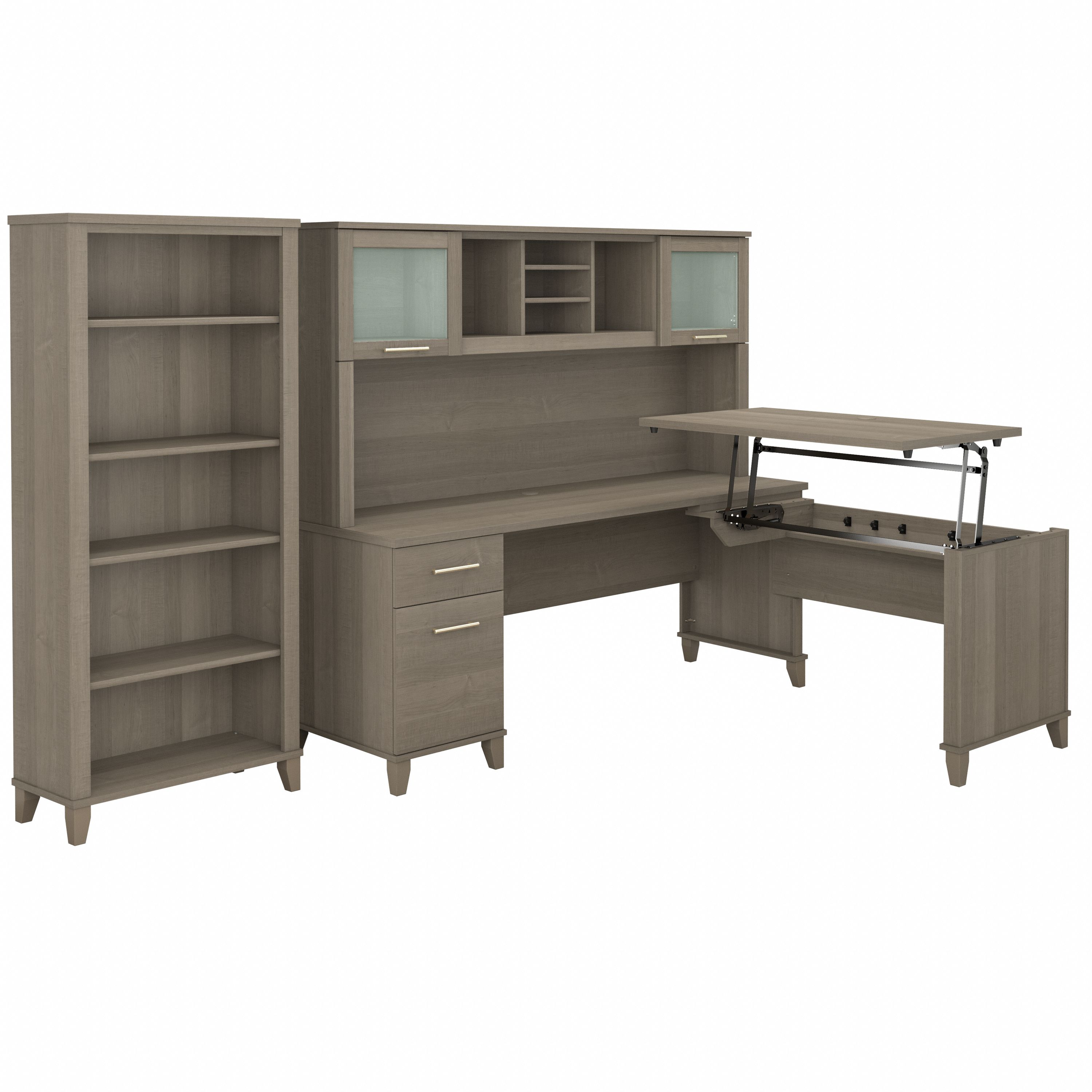 Shop Bush Furniture Somerset 72W 3 Position Sit to Stand L Shaped Desk with Hutch and Bookcase 02 SET017AG #color_ash gray