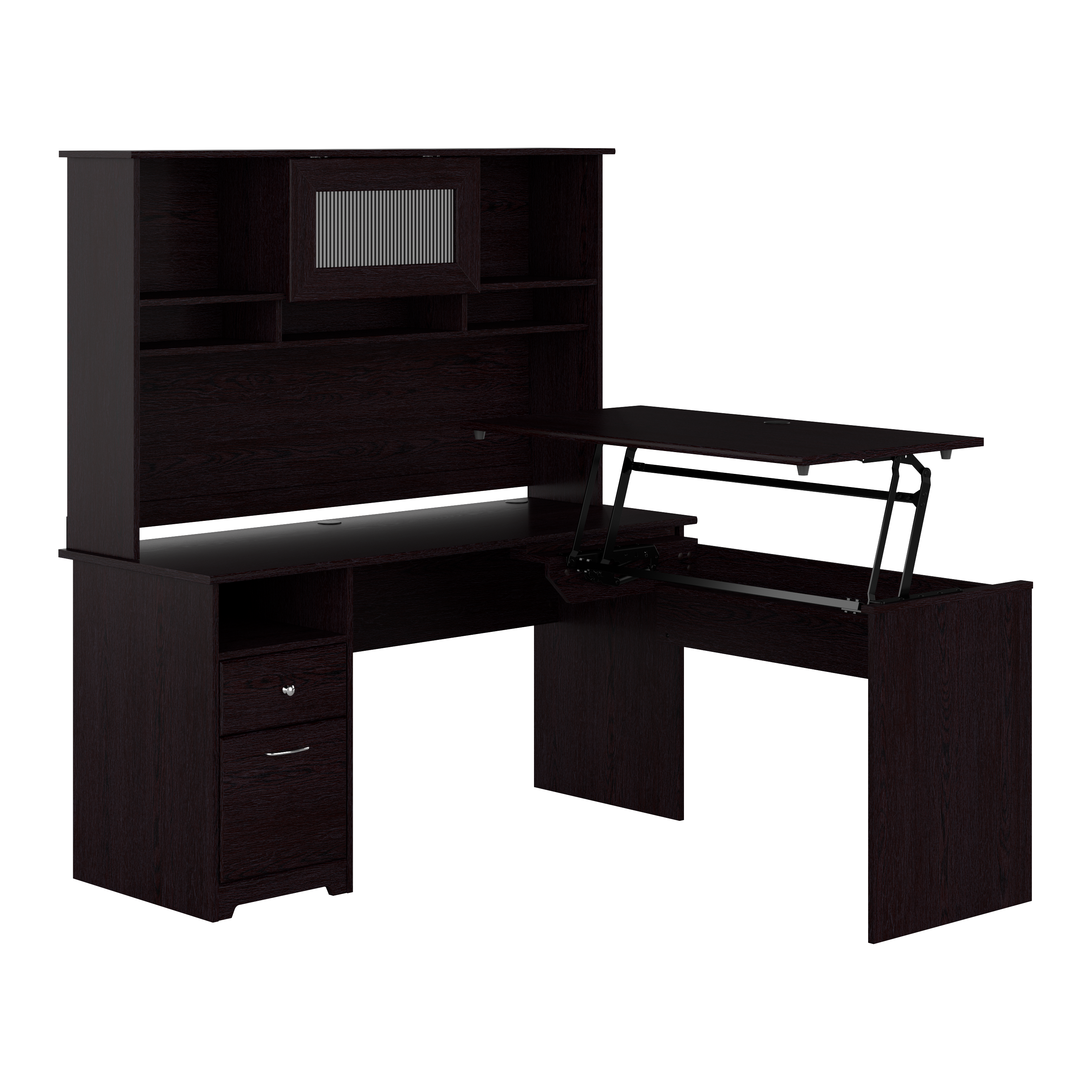 Shop Bush Furniture Cabot 60W 3 Position Sit to Stand L Shaped Desk with Hutch 02 CAB045EPO #color_espresso oak