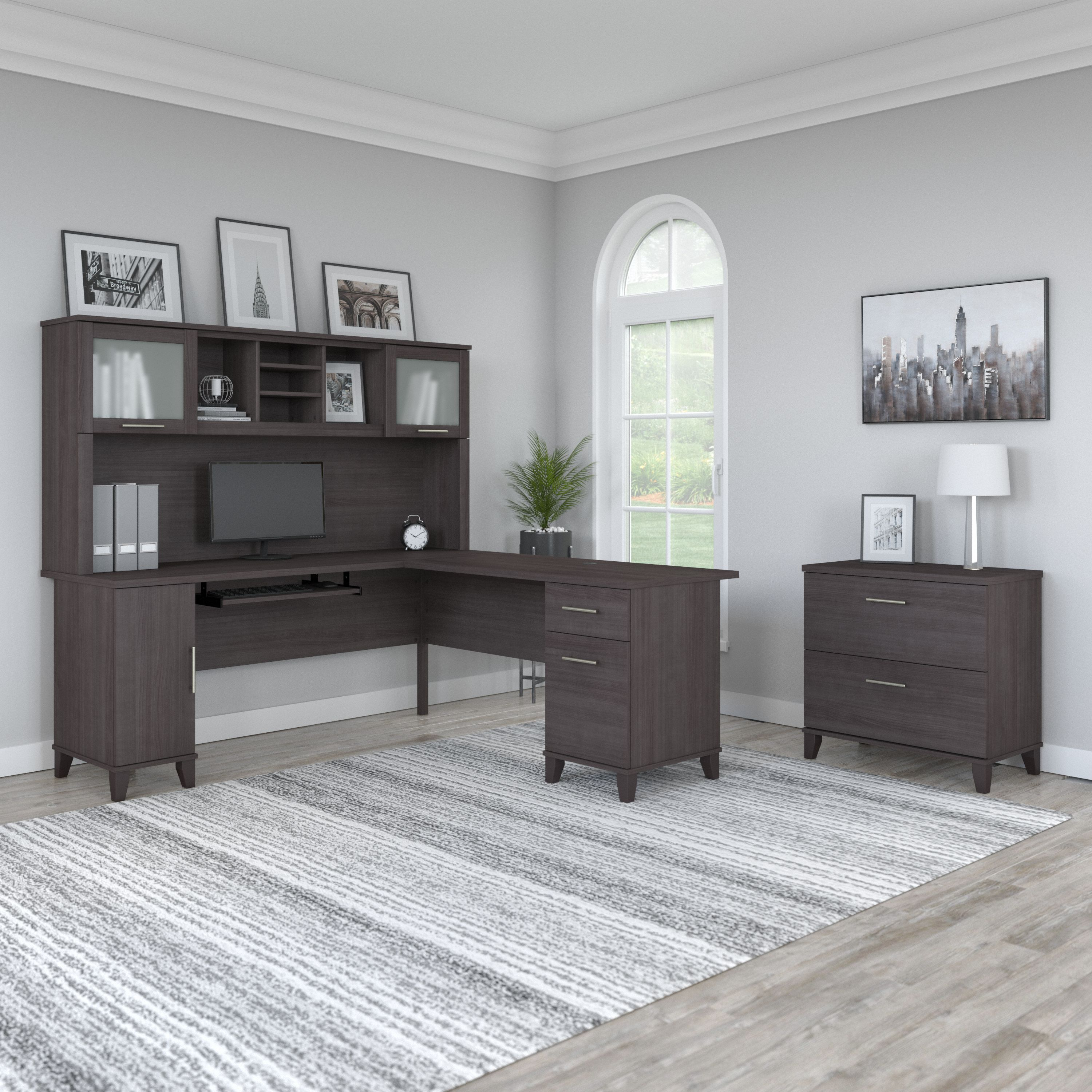 Shop Bush Furniture Somerset 72W L Shaped Desk with Hutch and Lateral File Cabinet 01 SET009SG #color_storm gray