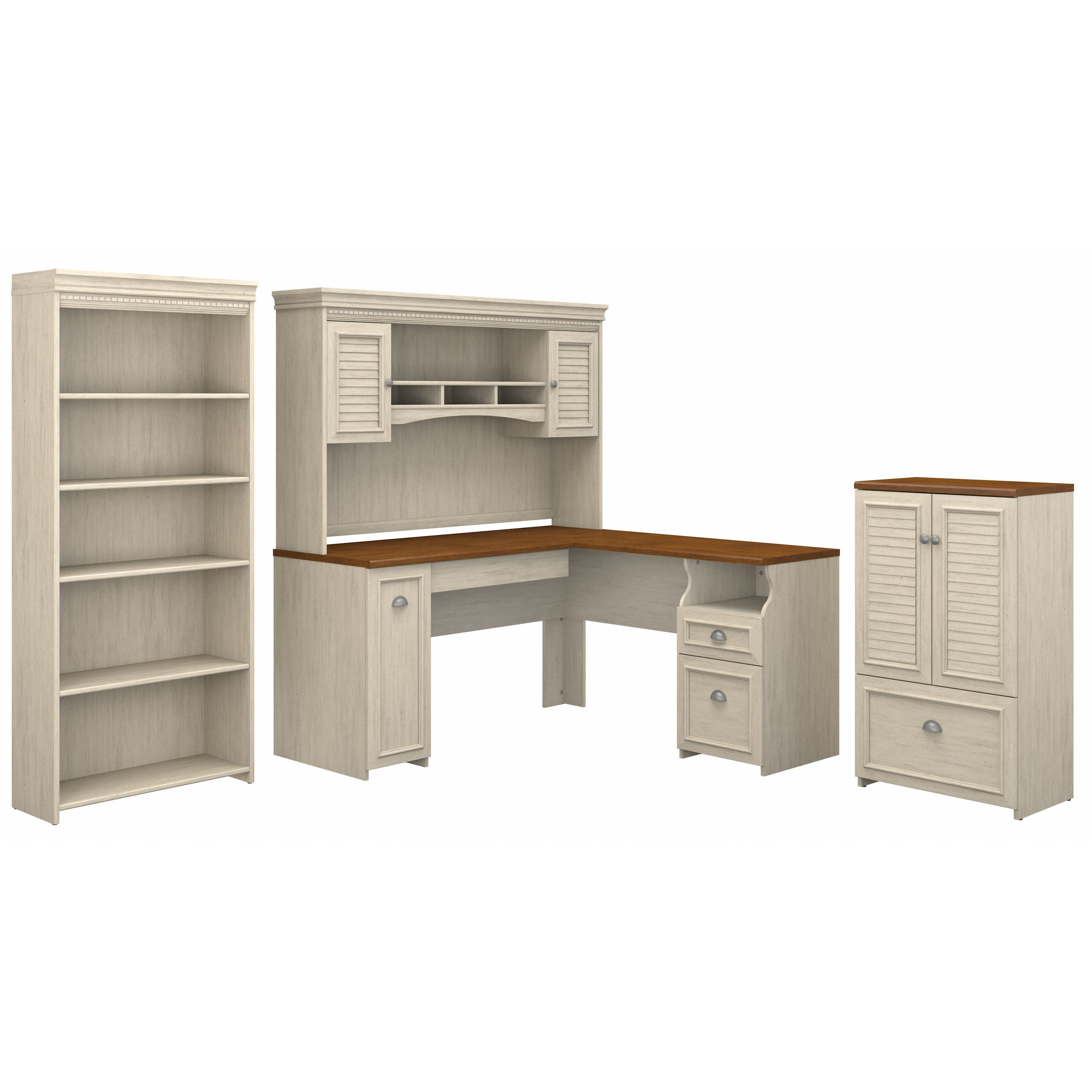 Shop Bush Furniture Fairview 60W L Shaped Desk with Hutch, 5 Shelf Bookcase and Storage 02 FV011AW #color_antique white