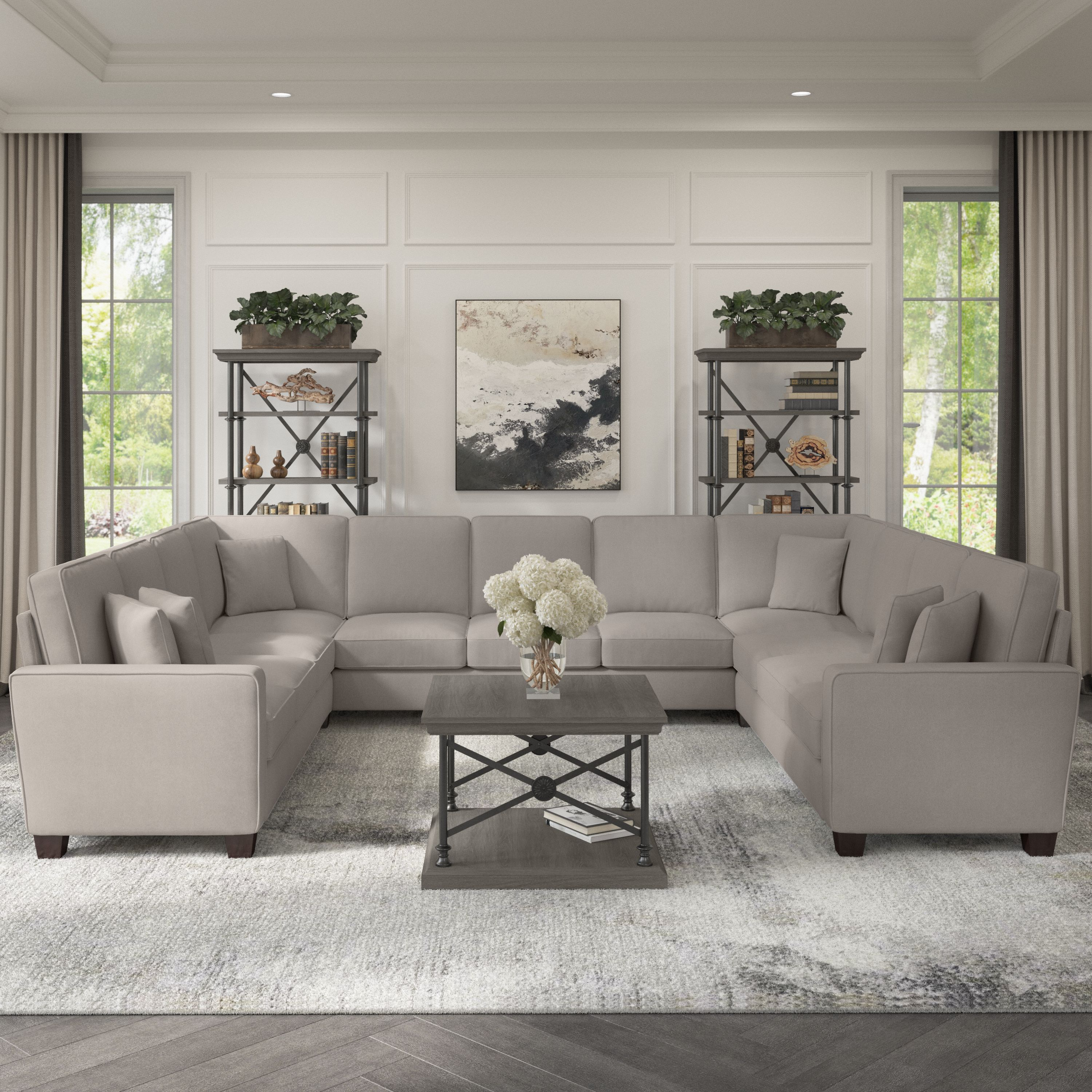 Shop Bush Furniture Stockton 137W U Shaped Sectional Couch 01 SNY135SBGH-03K #color_beige herringbone fabric