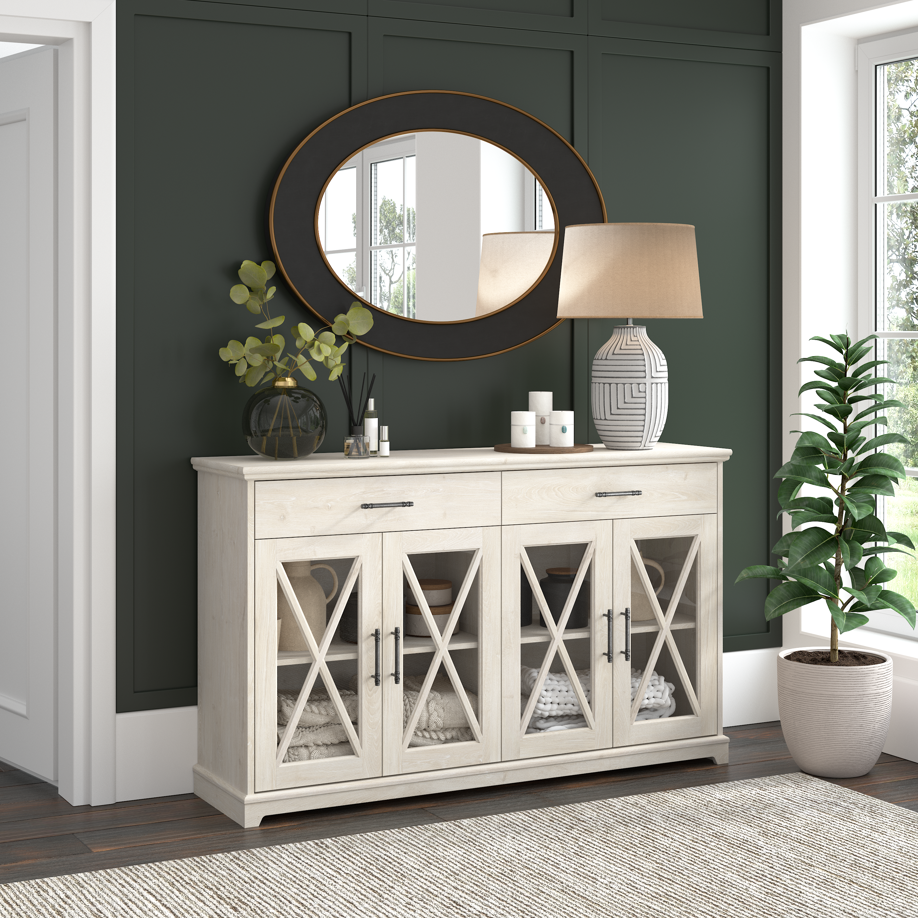 Shop Bush Furniture Lennox 60W Farmhouse Sideboard Buffet Cabinet with Drawers 01 LEV160LW-03K #color_linen white oak